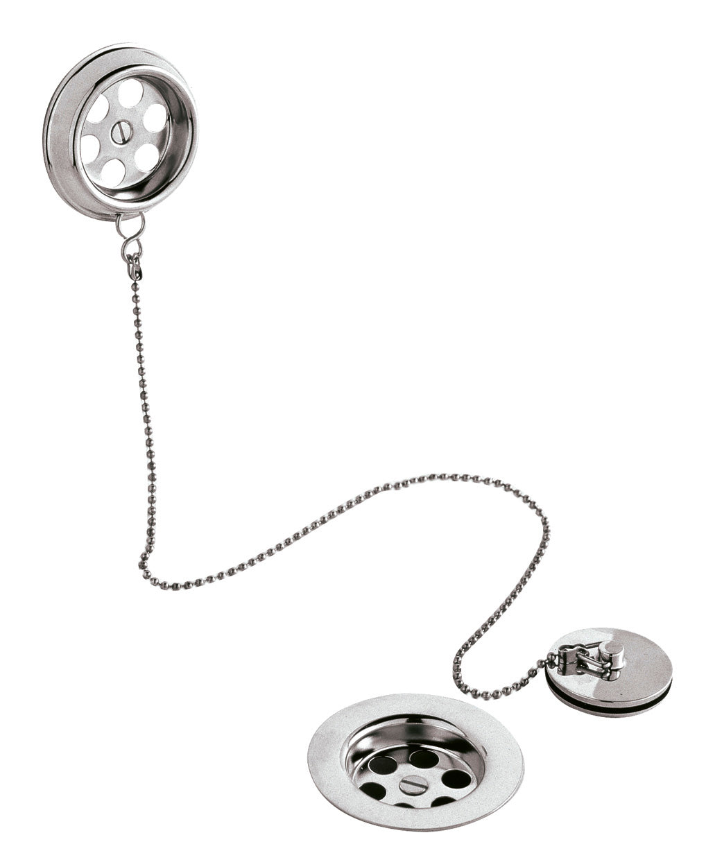 Stainless steel sink strainer with chain, kitchen drainage accessory, durable and easy to install. Ideal for modern bathrooms and kitchens, ensuring efficient water flow and cleanliness.