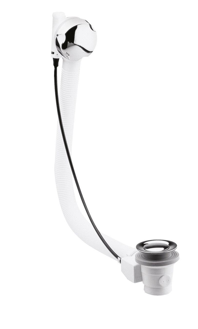 Flexible bathroom drain pipe with pop-up plug, chrome finish, designed for modern bathroom sinks and basins. Ideal for DIY plumbing repairs and bathroom upgrades.