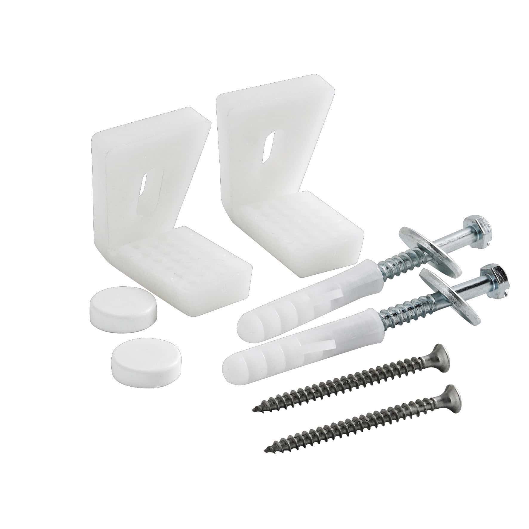 White bathroom fixing hardware kit with wall brackets, wall plugs, screws, and anchor bolts for bathroom fixtures installation. Chrome screws and plastic components for secure and easy assembly.