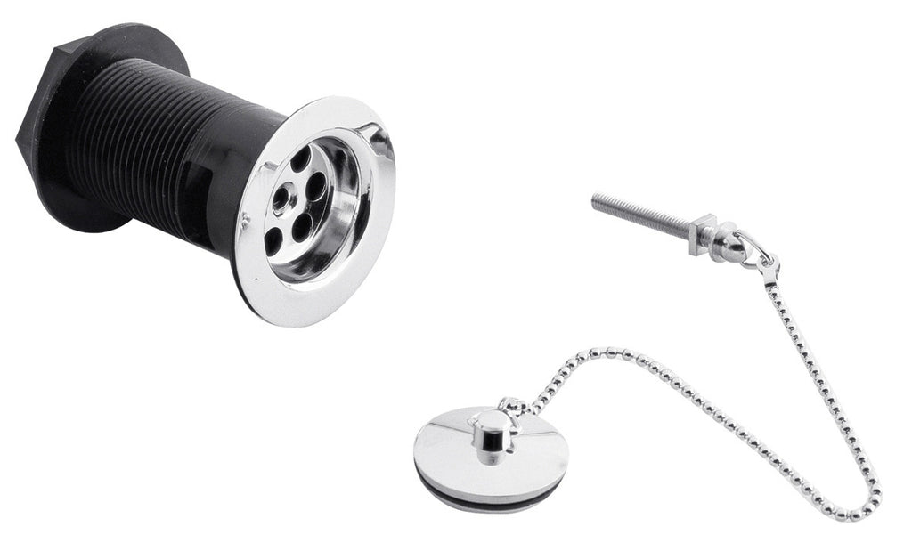 High-quality bathroom sink waste kit with chrome finish, includes plug, chain, and overflow filter, ideal for modern bathroom upgrades.