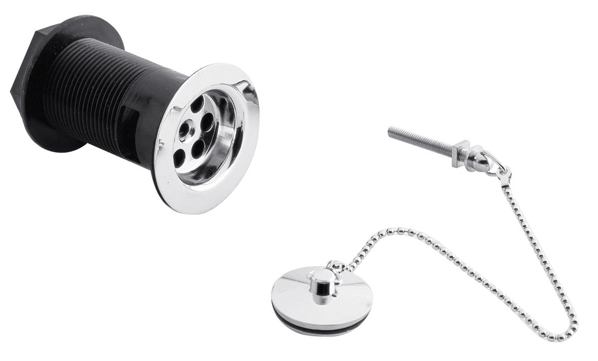 High-quality bathroom sink waste kit with chrome finish, includes plug, chain, and overflow filter, ideal for modern bathroom upgrades.