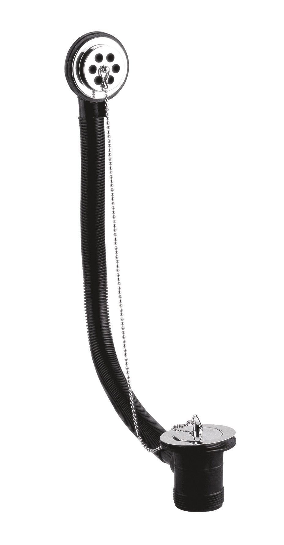 Flexible bathroom drain trap with chain and plug, suitable for modern bathroom installations and renovation projects. Made of durable black plastic for reliable plumbing performance.