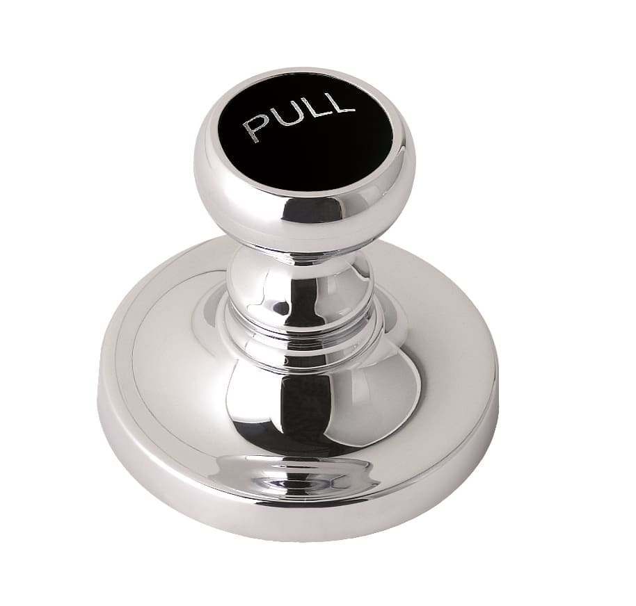 Polished chrome bathroom door stop with "PULL" label, durable and stylish fixture for bathroom safety and design.
