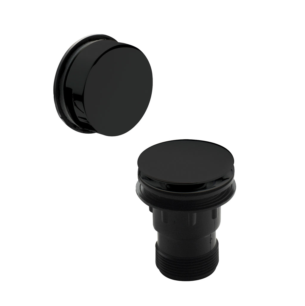 Black bathroom basin plug and waste cover for modern bathroom fixtures.