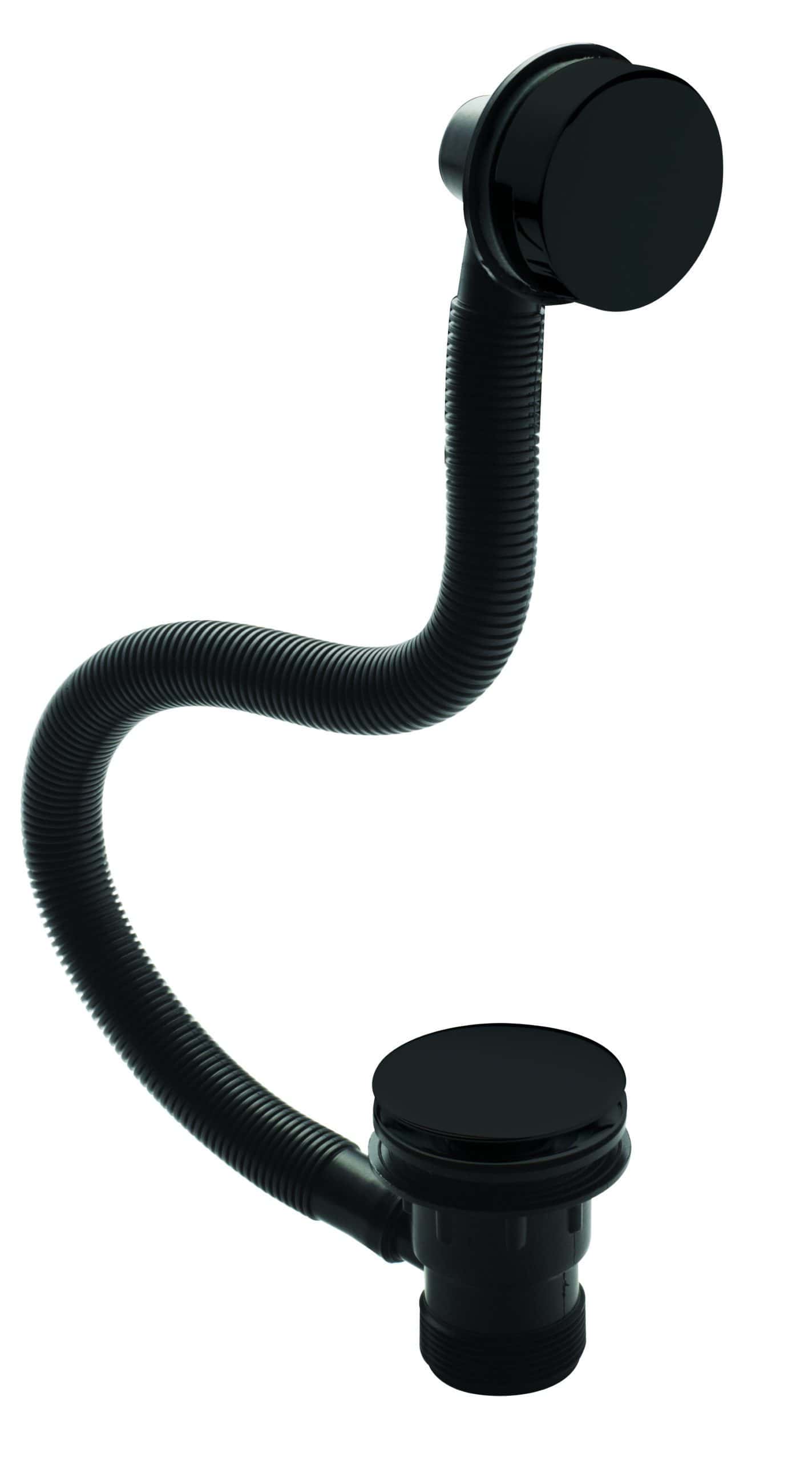 Flexible black kitchen drain pipe with a rubber stop and chrome-plated outlet.