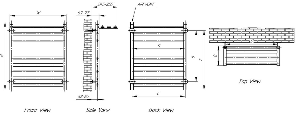 Reina Alento Polished Stainless Steel Heated Towel Rail - technical drawing with dimensions