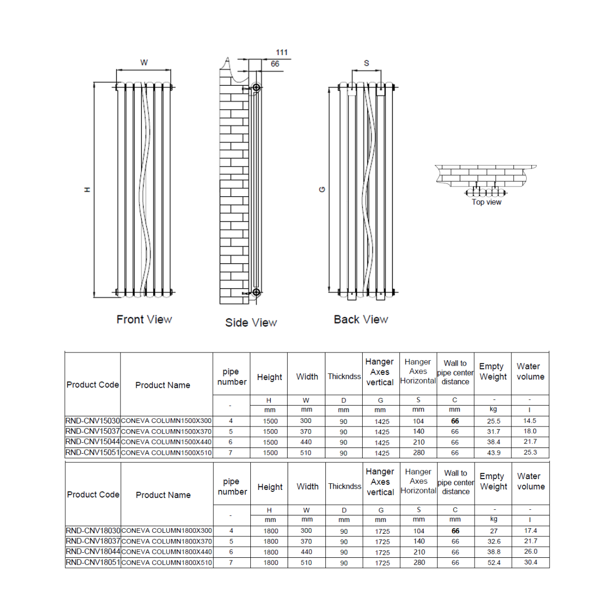 Reina Coneva Vertical White Designer Radiator - technical drawing with dimensions