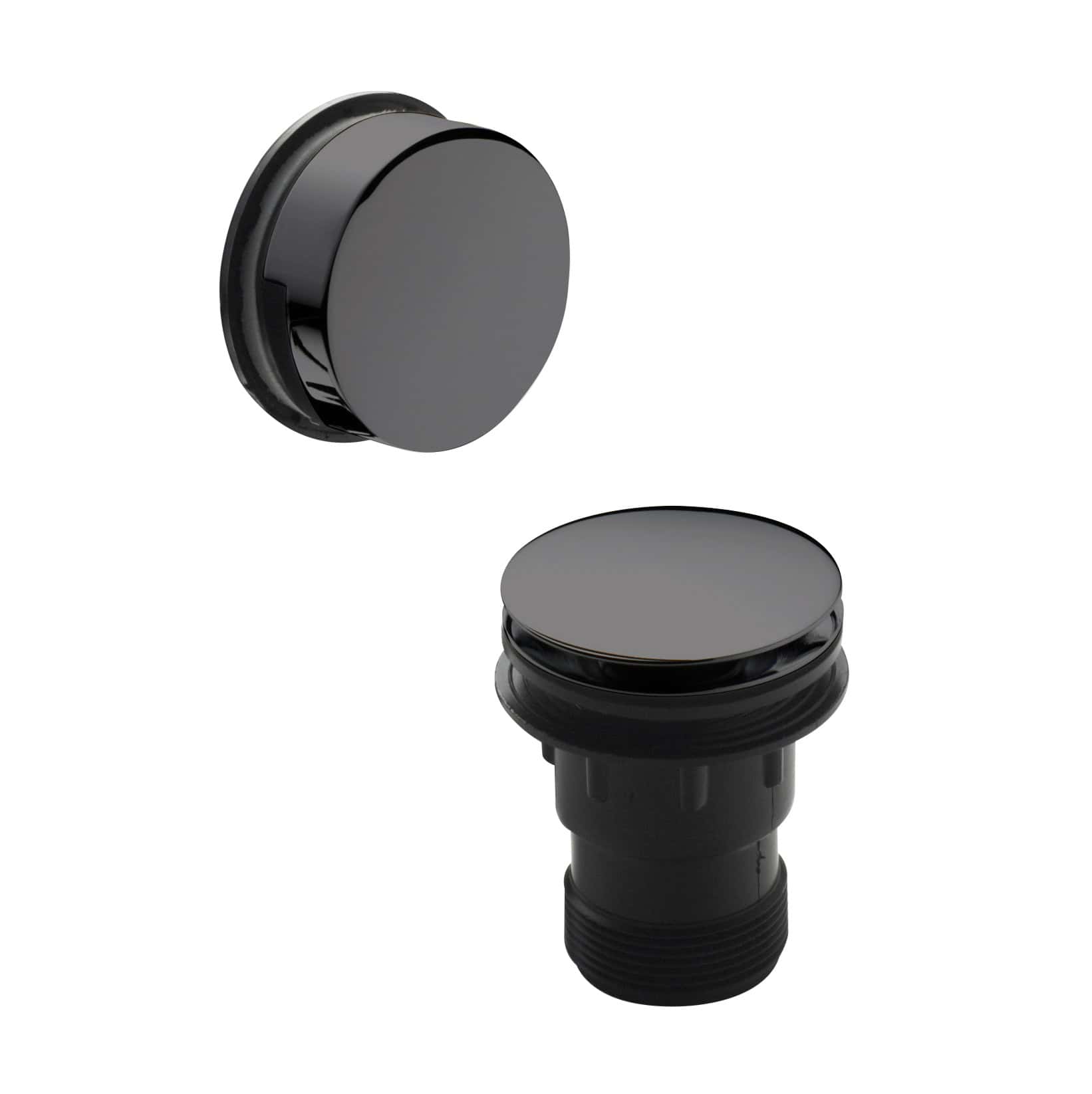 Black bathroom tap pop-up waste set with push-button operation for modern baths and sinks. Easy to install and maintain, enhances bathroom functionality and sleek aesthetics. Suitable for contemporary bathroom designs.
