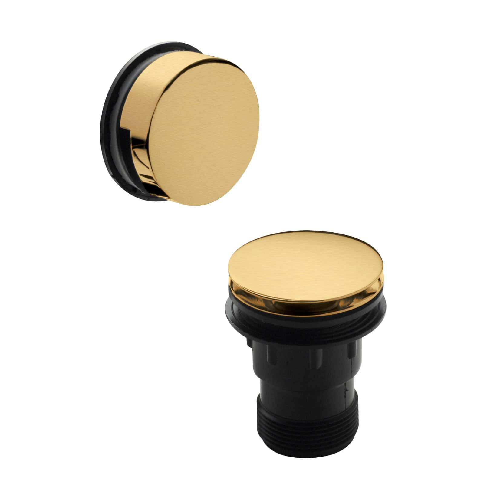 Polished gold bathroom click clack waste plug with black rubber seal, suitable for modern sink drainage, stylish and corrosion-resistant.