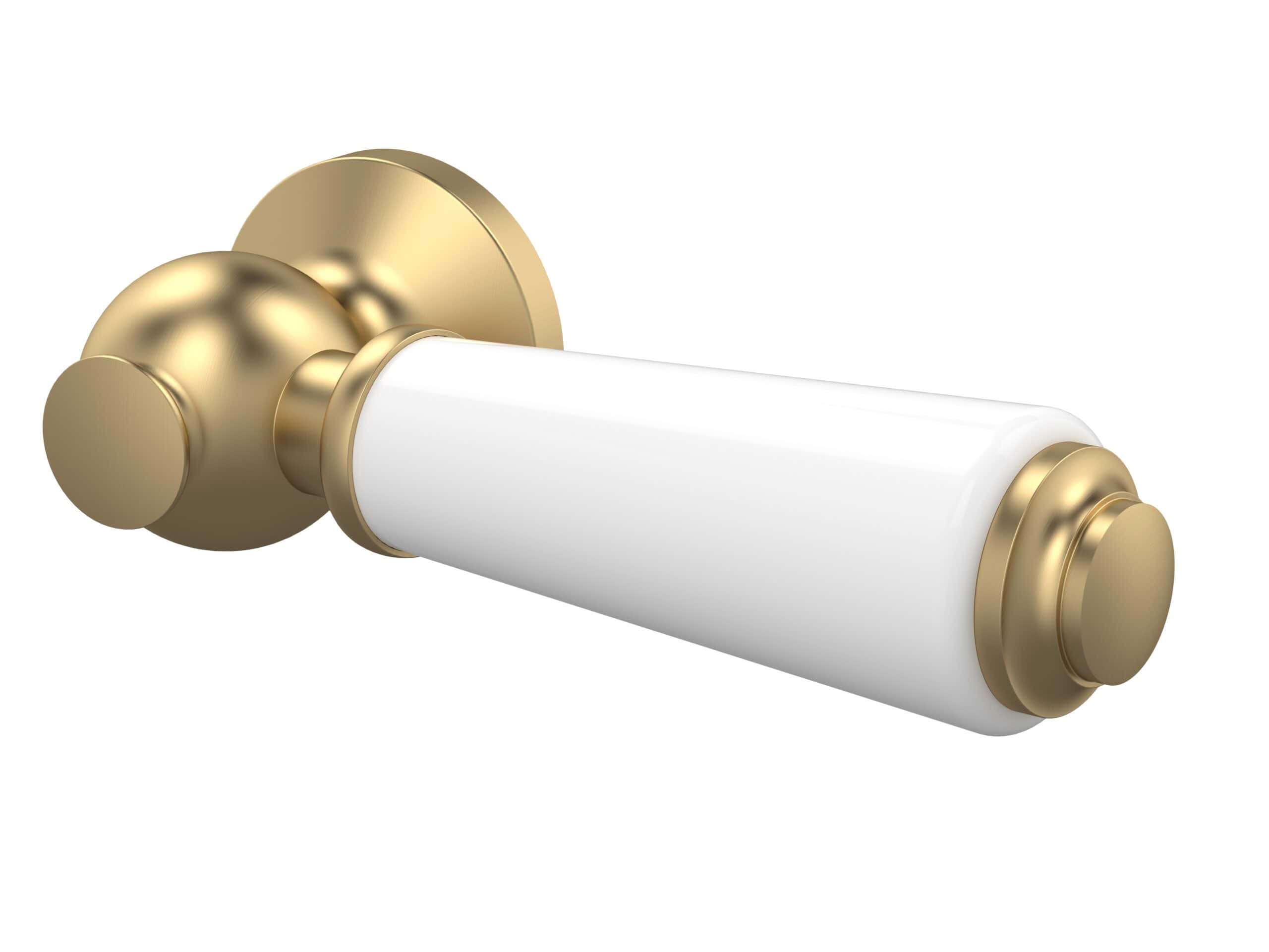 Polished gold and white bathroom door handle, modern and elegant bathroom hardware accessory, perfect for enhancing bathroom decor, ideal for luxury bathroom interiors, from Bubly Bathrooms UK.