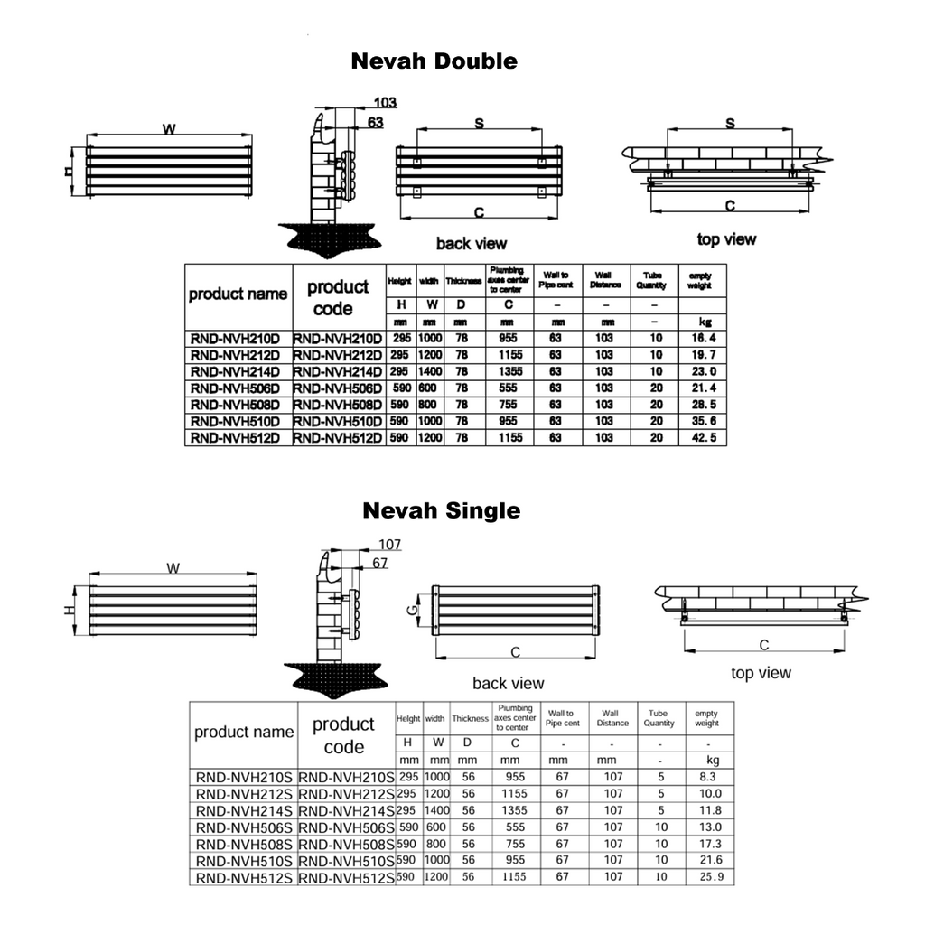 Reina Nevah Double White Designer Radiator - technical drawing with dimensions