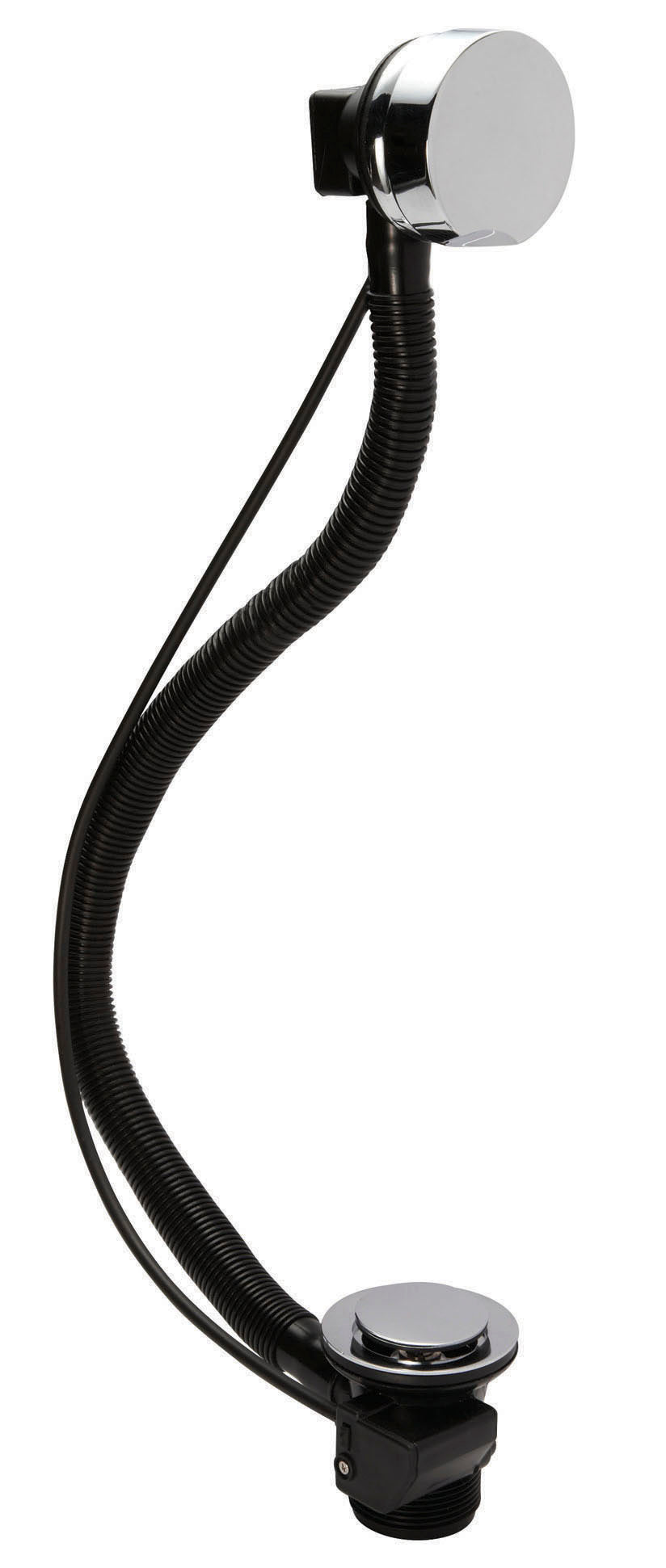 Shower drain with flexible hose and chrome cover for bathroom renovation and plumbing.