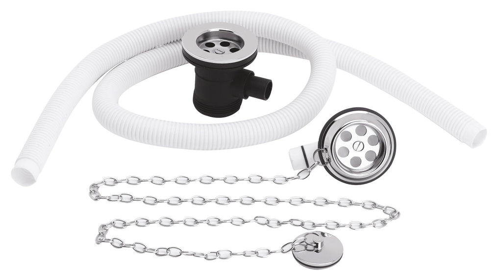 Flexible white bathroom drain pipe with chain and stopper for sink and bathtub drainage.