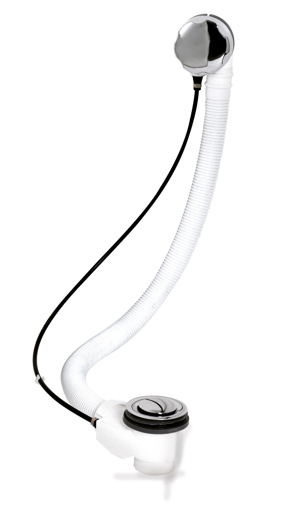 Flexible white bathroom drain pipe with chrome finishing flange, suitable for plumbing installations in modern bathrooms.