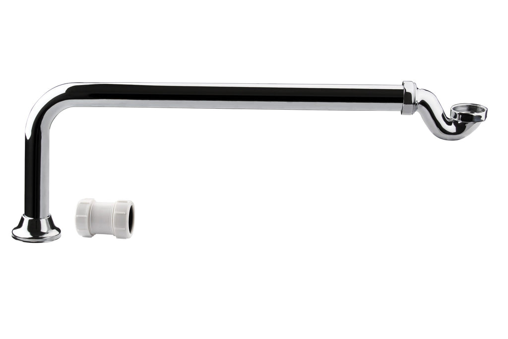 Shiny chrome bathroom sink pipe with flexible connection and white fittings on a plain background.