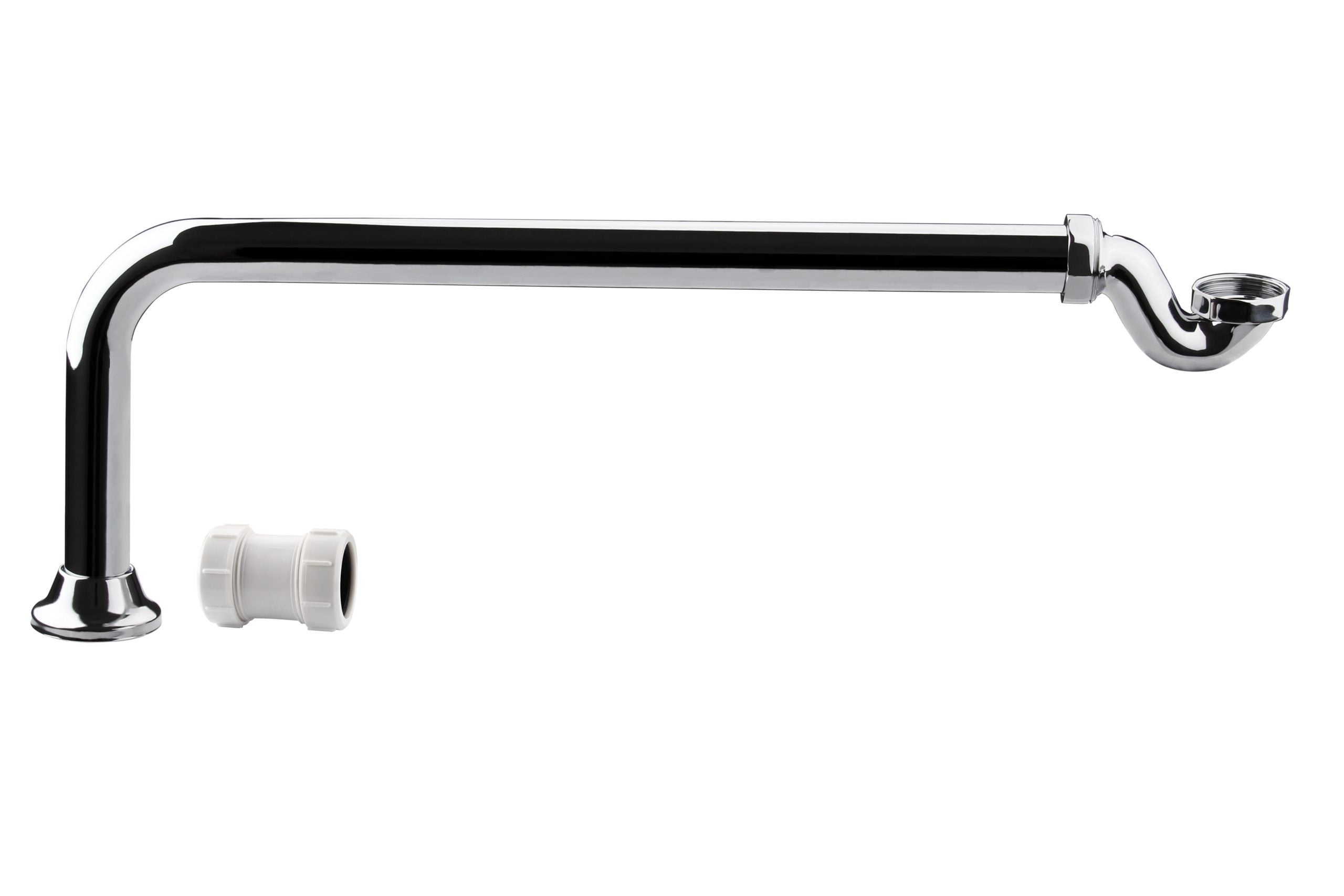 Shiny chrome bathroom sink pipe with flexible connection and white fittings on a plain background.