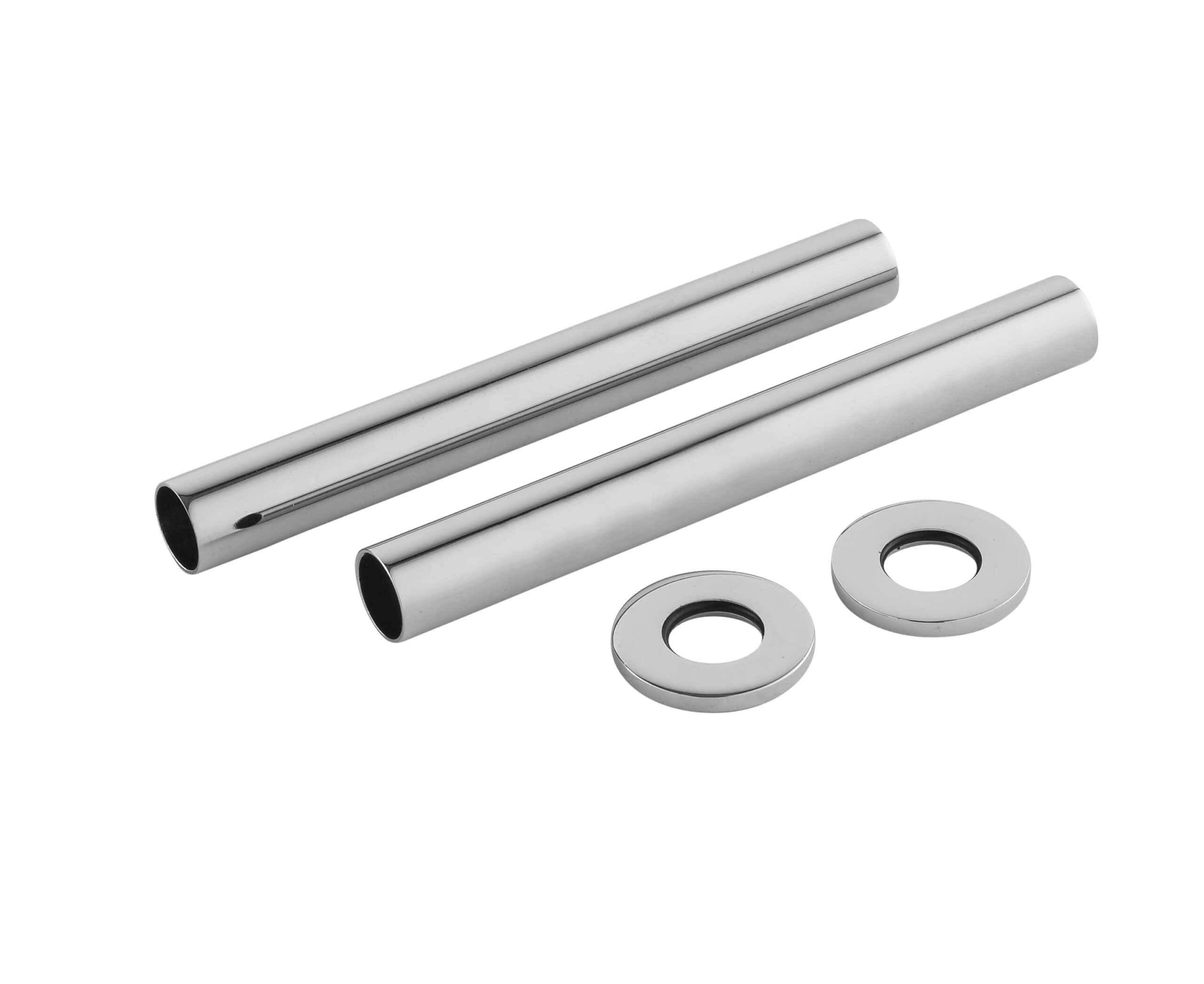 Sleek chrome shower curtain rail rods with adjustable mounting washers for modern bathroom upgrade.