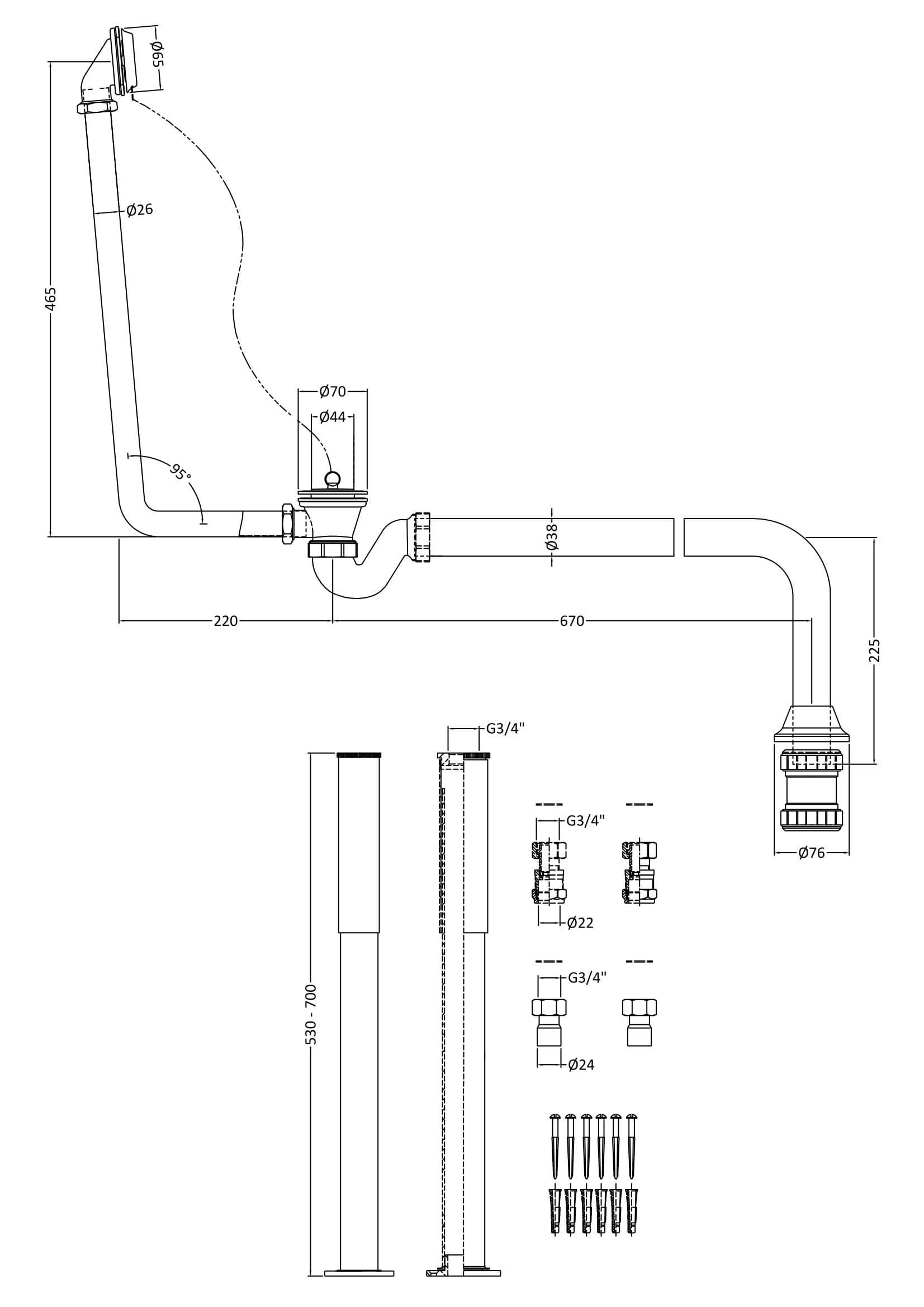 High-quality bathroom plumbing schematic with detailed measurements and fittings for modern bathroom installations, featuring pipe dimensions and assembly components.