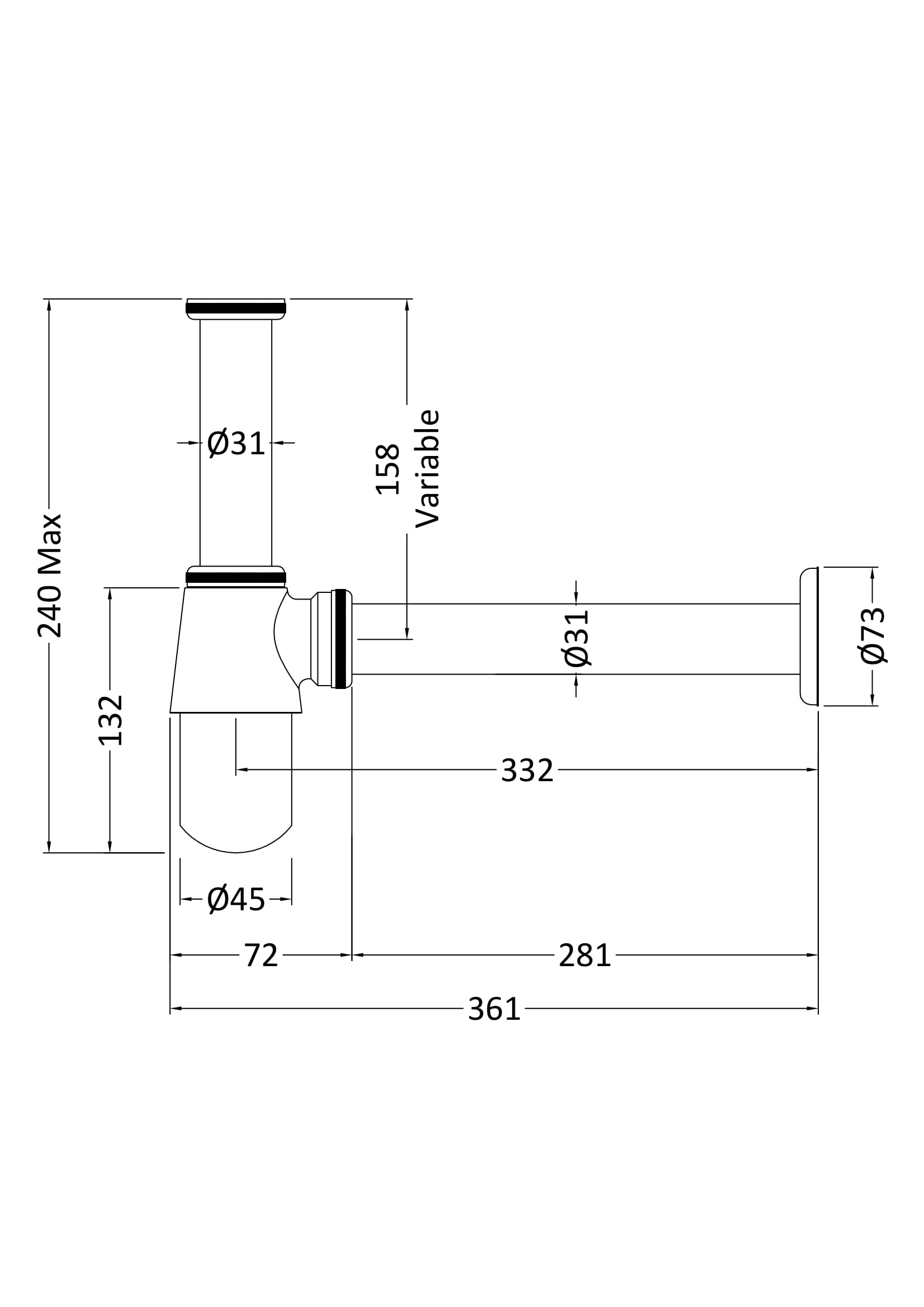 Flexible bathroom waste pipe diagram with detailed measurements for plumbing installations. Perfect for bathroom renovation and fitting Bubly Bathrooms fixtures.