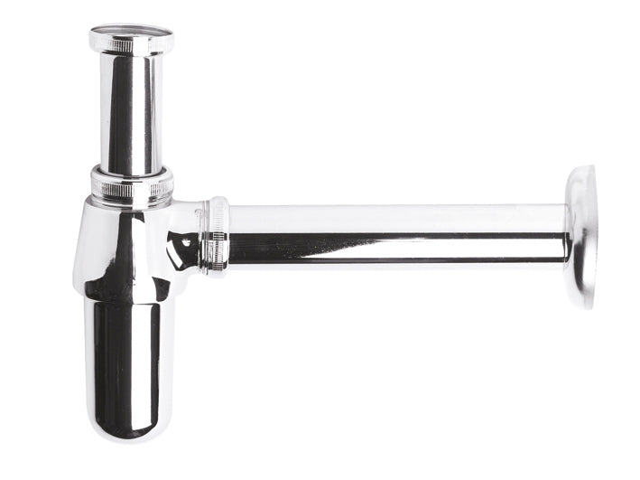 Shower waste trap and pipe fitting in chrome finish for bathroom plumbing repair.