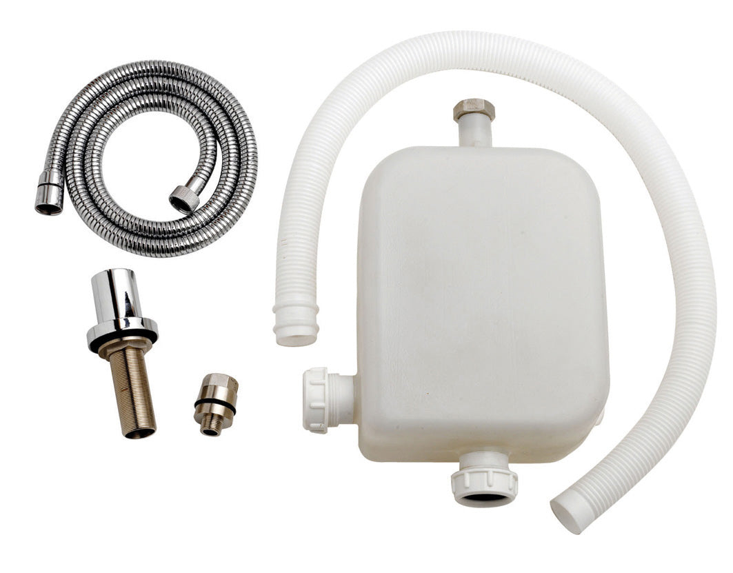 Flexible shower hose, pump, and fittings for bathroom installations, ideal for water transfer and plumbing repairs in modern shower systems.