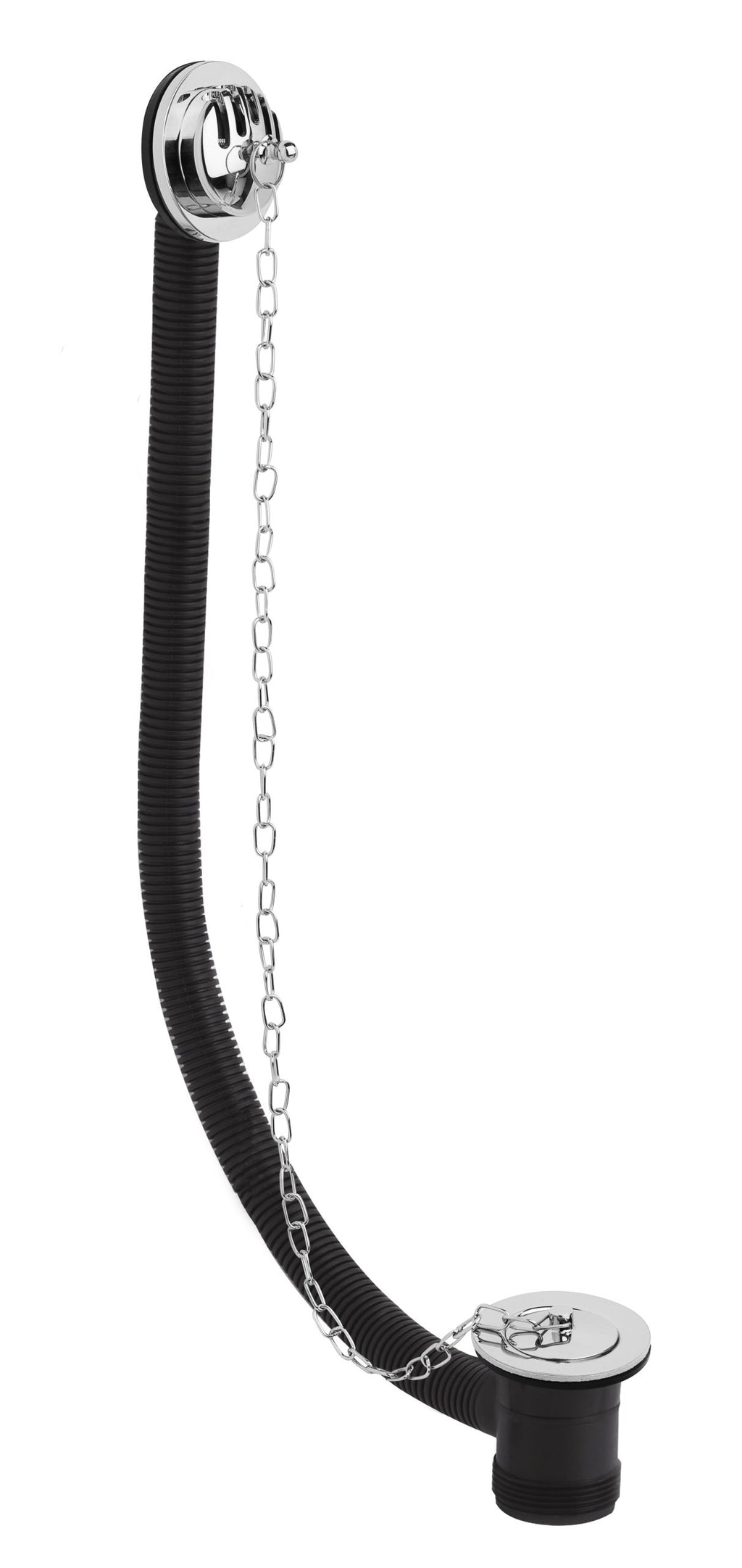 Siphon drain pipe with chain and rubber hose for bathroom sink, chrome finish, durable bathroom plumbing part.