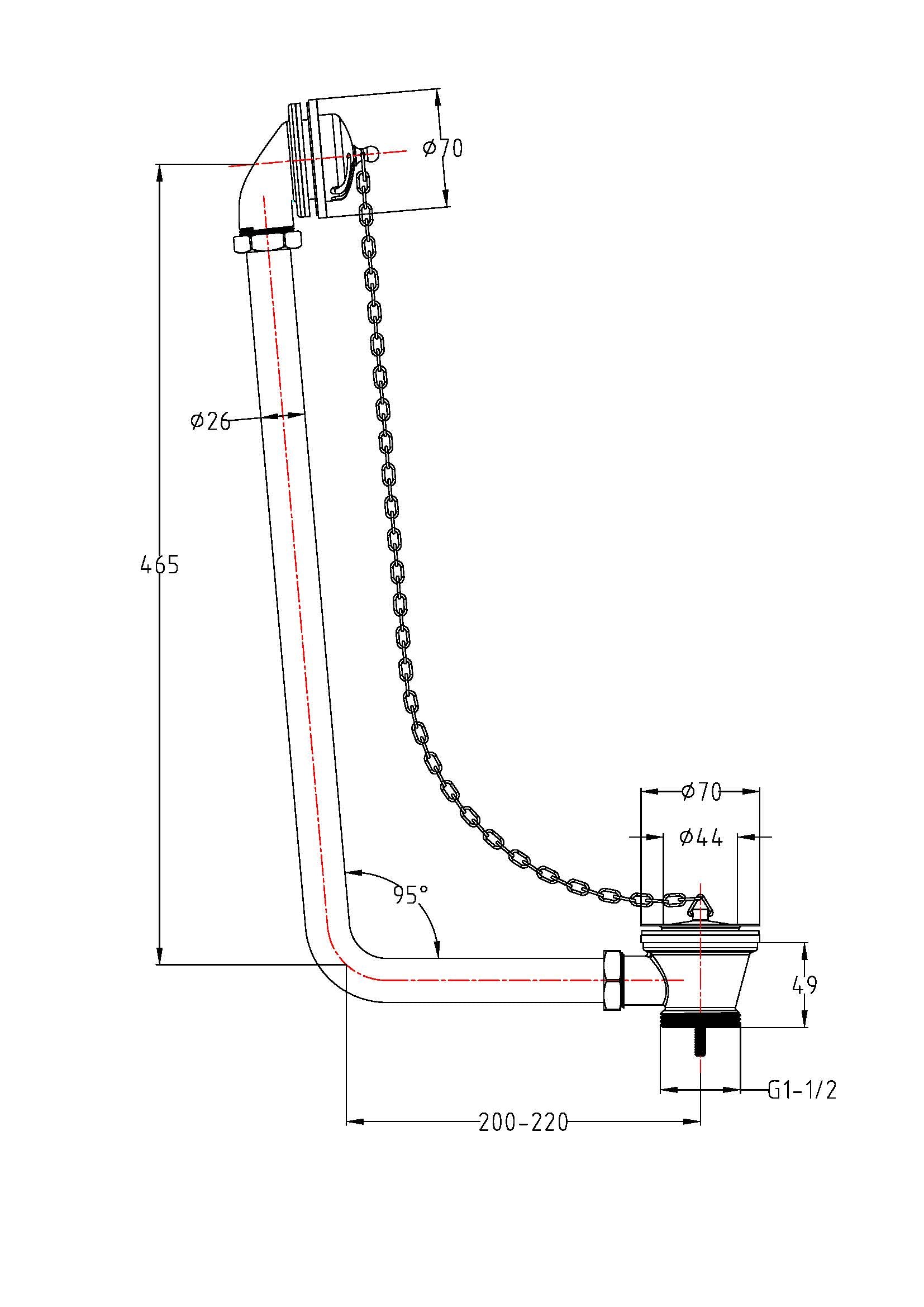 High-quality bathroom drain pipe with chain connection, plumbing diagram for effective water flow, suitable for bathroom installation and drainage systems, durable and corrosion-resistant material.