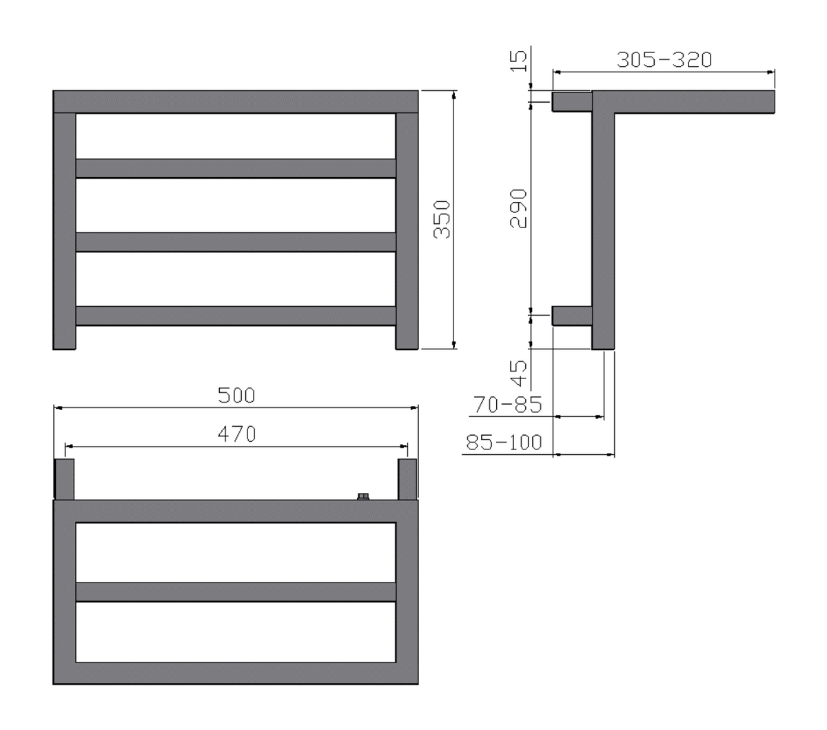 Reina Elvina Chrome Heated Towel Rail - technical drawing with dimensions