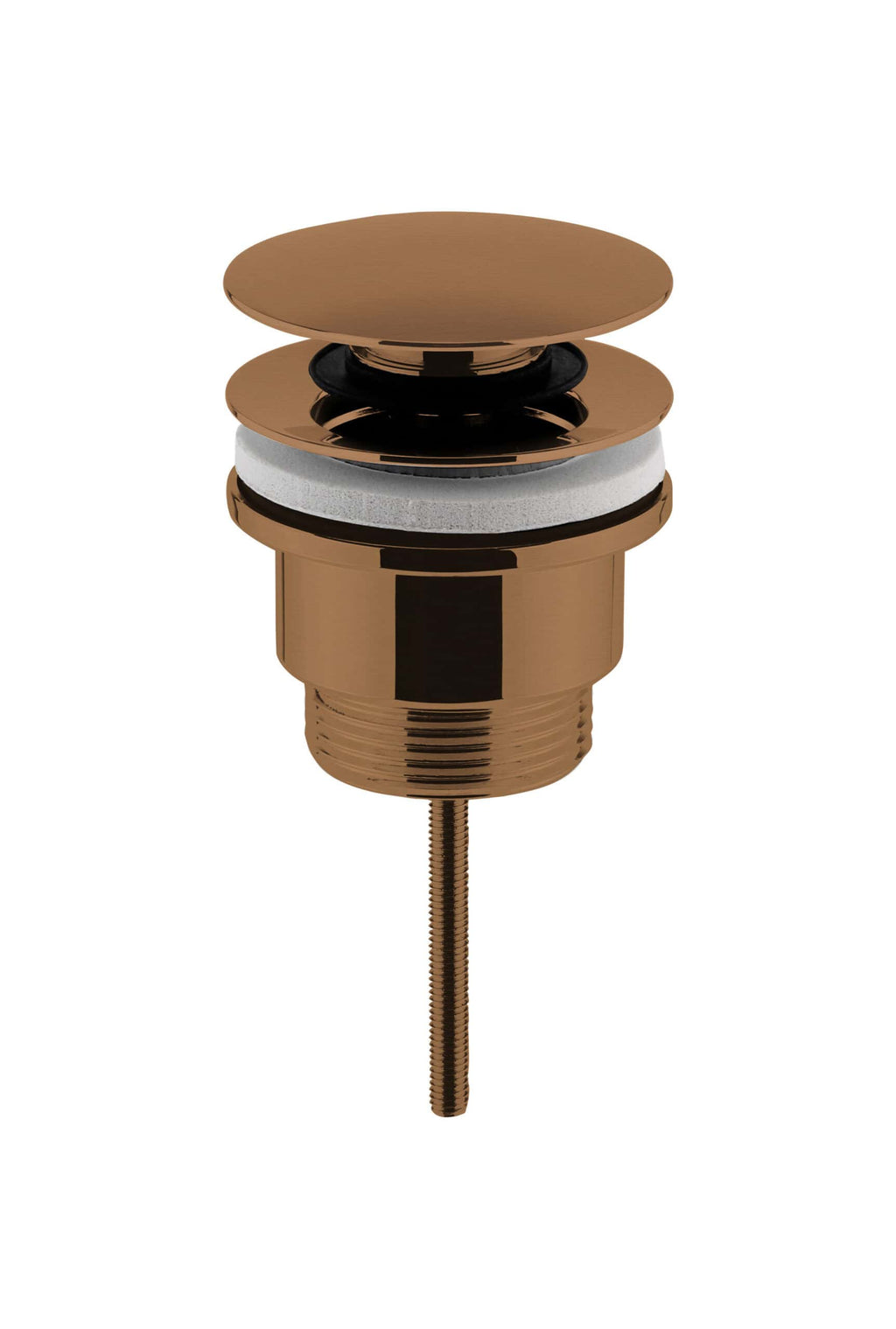 Shiny bronze bathroom sink drain with overflow and stopper mechanism, modern plumbing fixture for stylish bathrooms.