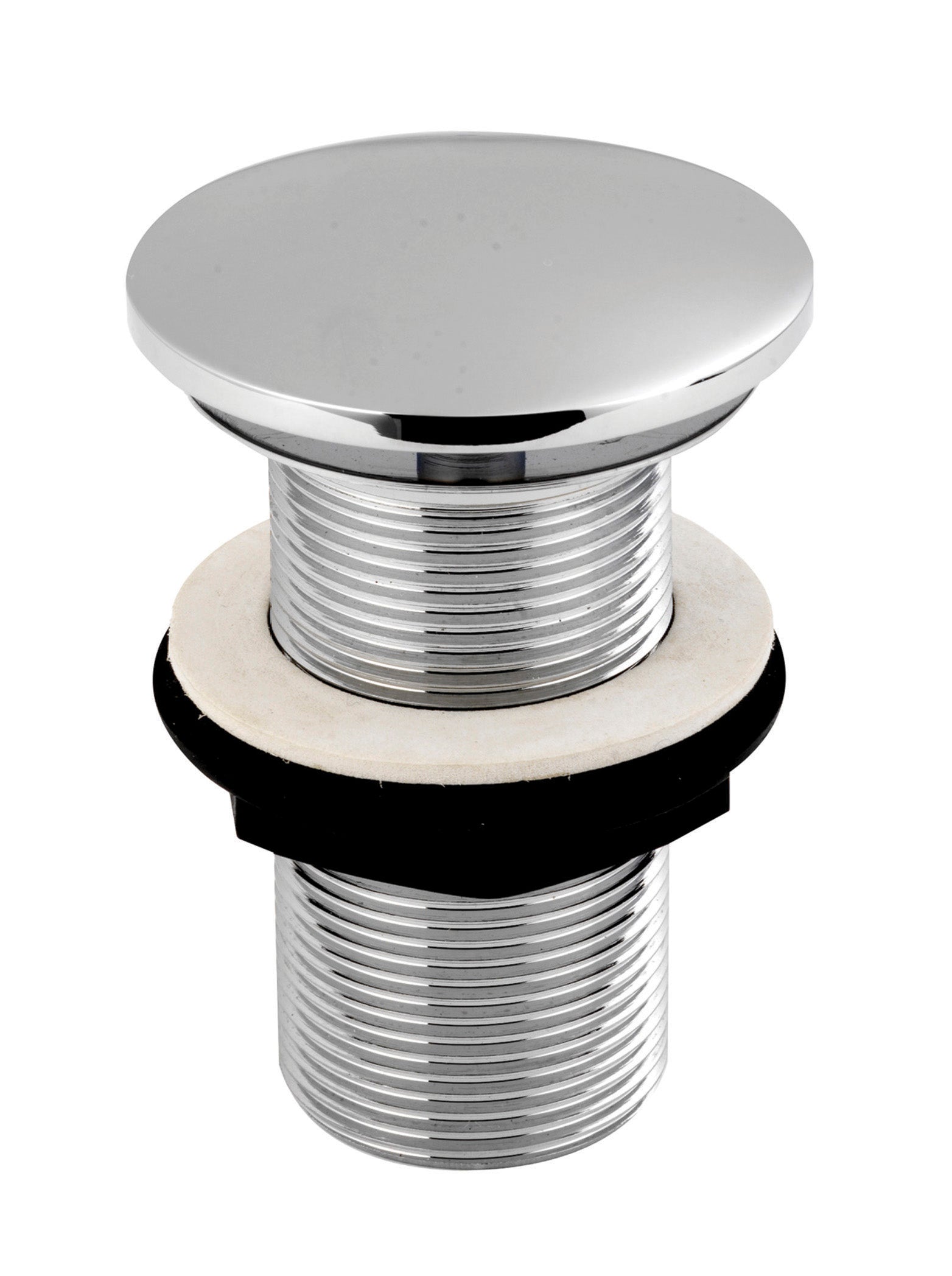 Shiny chrome pop-up bath plug with threaded stem and rubber washer for bathroom sink or bathtub drain. Durable, easy to install, and designed for water-tight sealing.