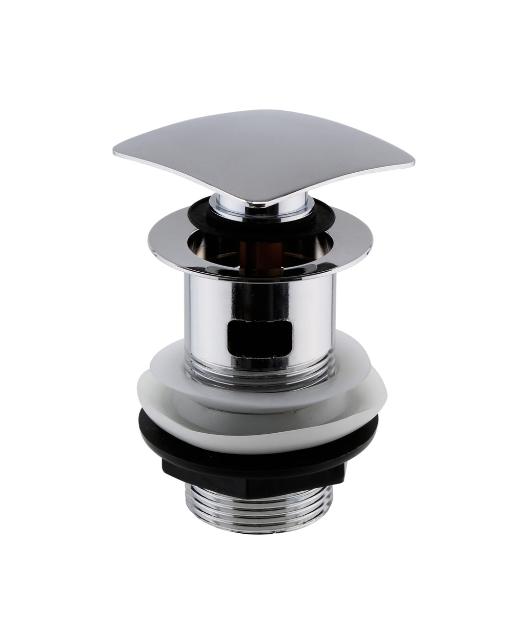 Chrome bathroom sink pop-up waste stopper with rubber seals and metal construction, ideal for modern bathroom installations. Perfect for ensuring a watertight seal and easy drainage maintenance.