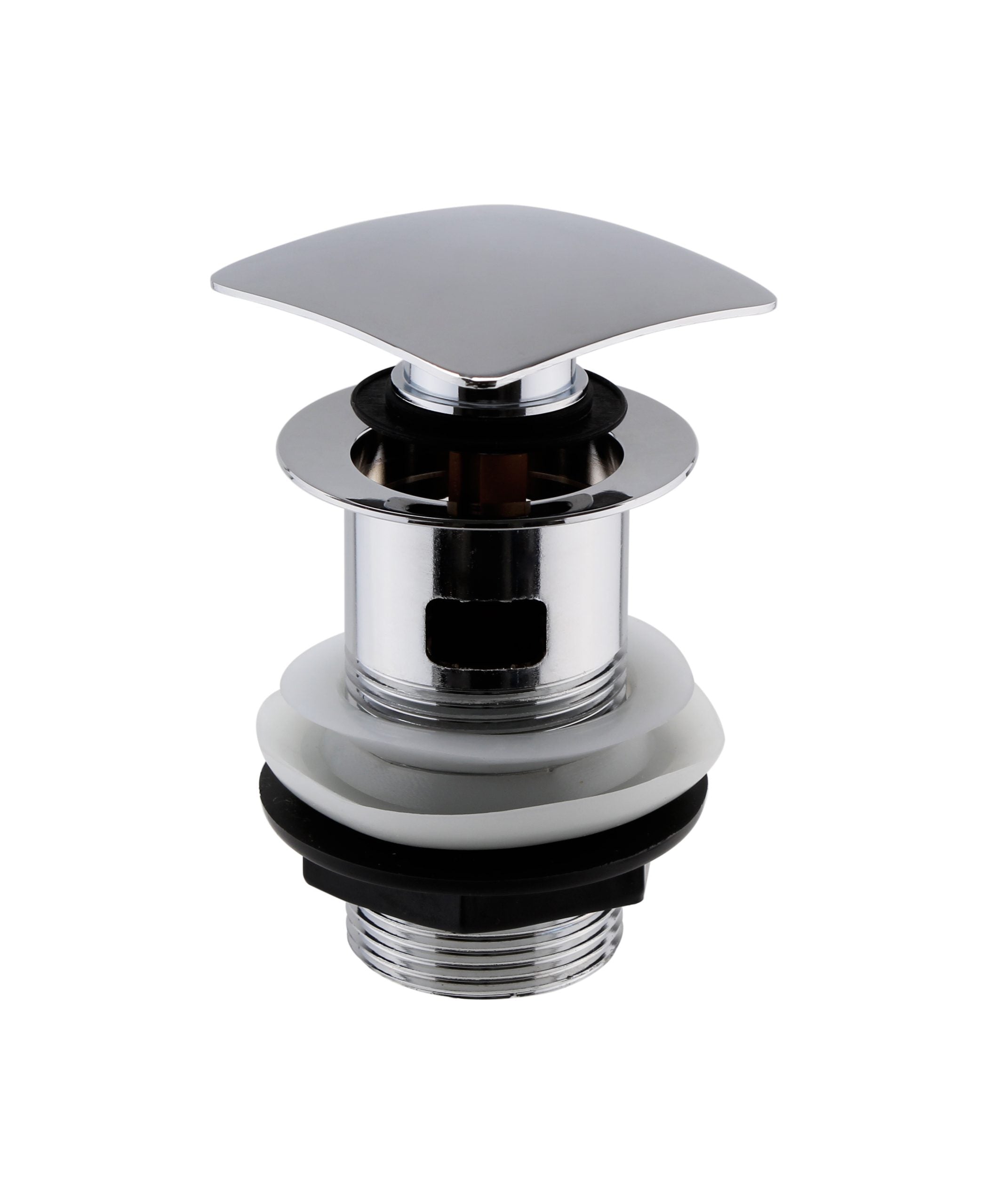 Chrome bathroom sink pop-up waste stopper with rubber seals and metal construction, ideal for modern bathroom installations. Perfect for ensuring a watertight seal and easy drainage maintenance.