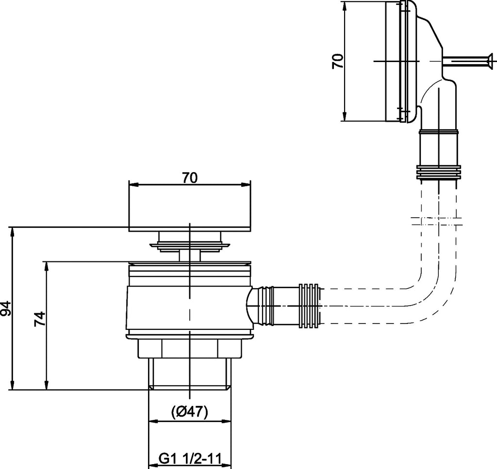 High-quality bathroom waste trap with detailed technical drawing, designed for efficient plumbing and bathroom installation. Suitable for modern bathroom systems.