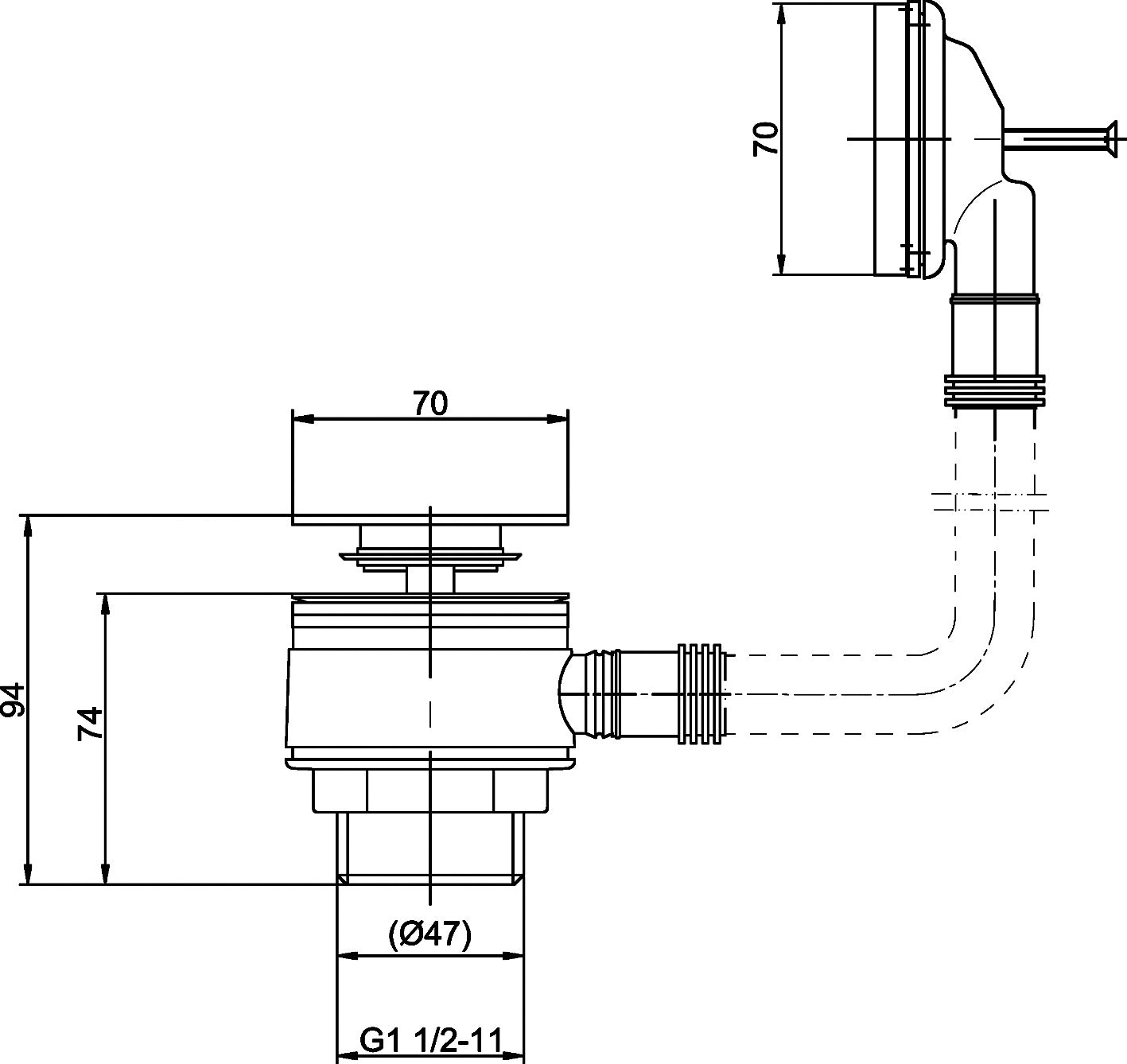High-quality bathroom waste trap with detailed technical drawing, designed for efficient plumbing and bathroom installation. Suitable for modern bathroom systems.
