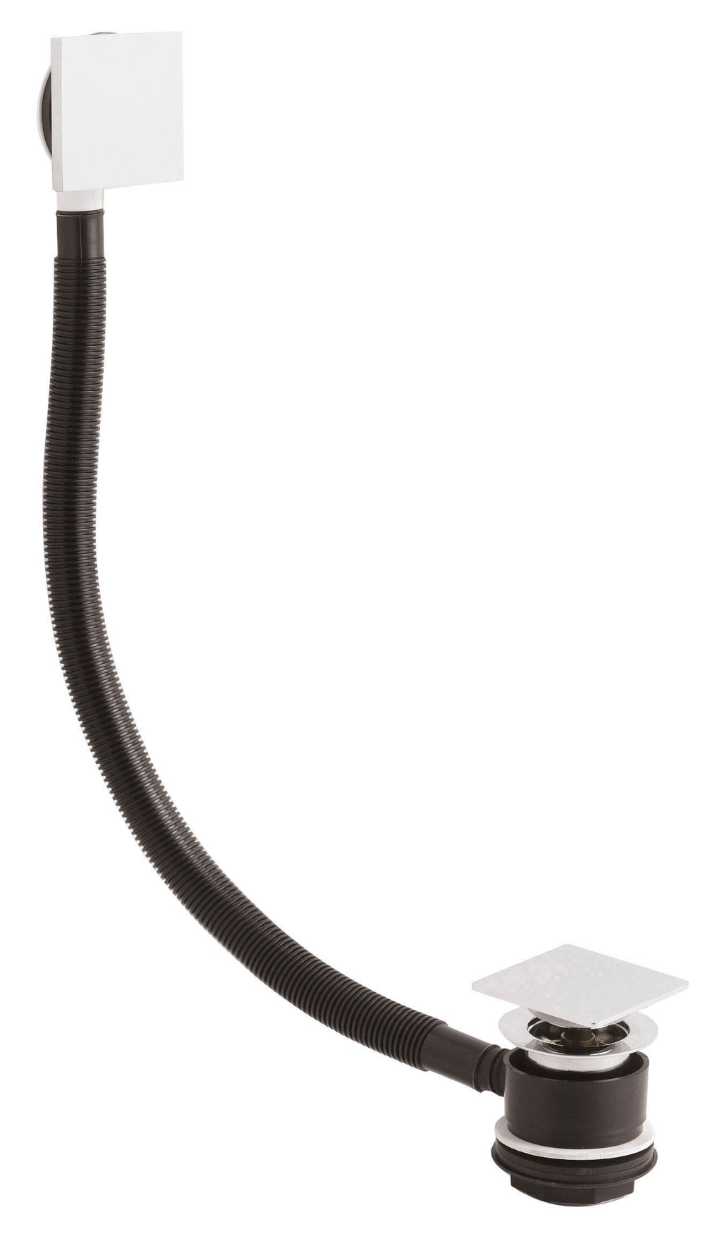 Flexible black bathroom sink waste pipe with square overflow cover for modern bathroom fixtures. Perfect for sink drainage or repair work. Durable and easy to install.