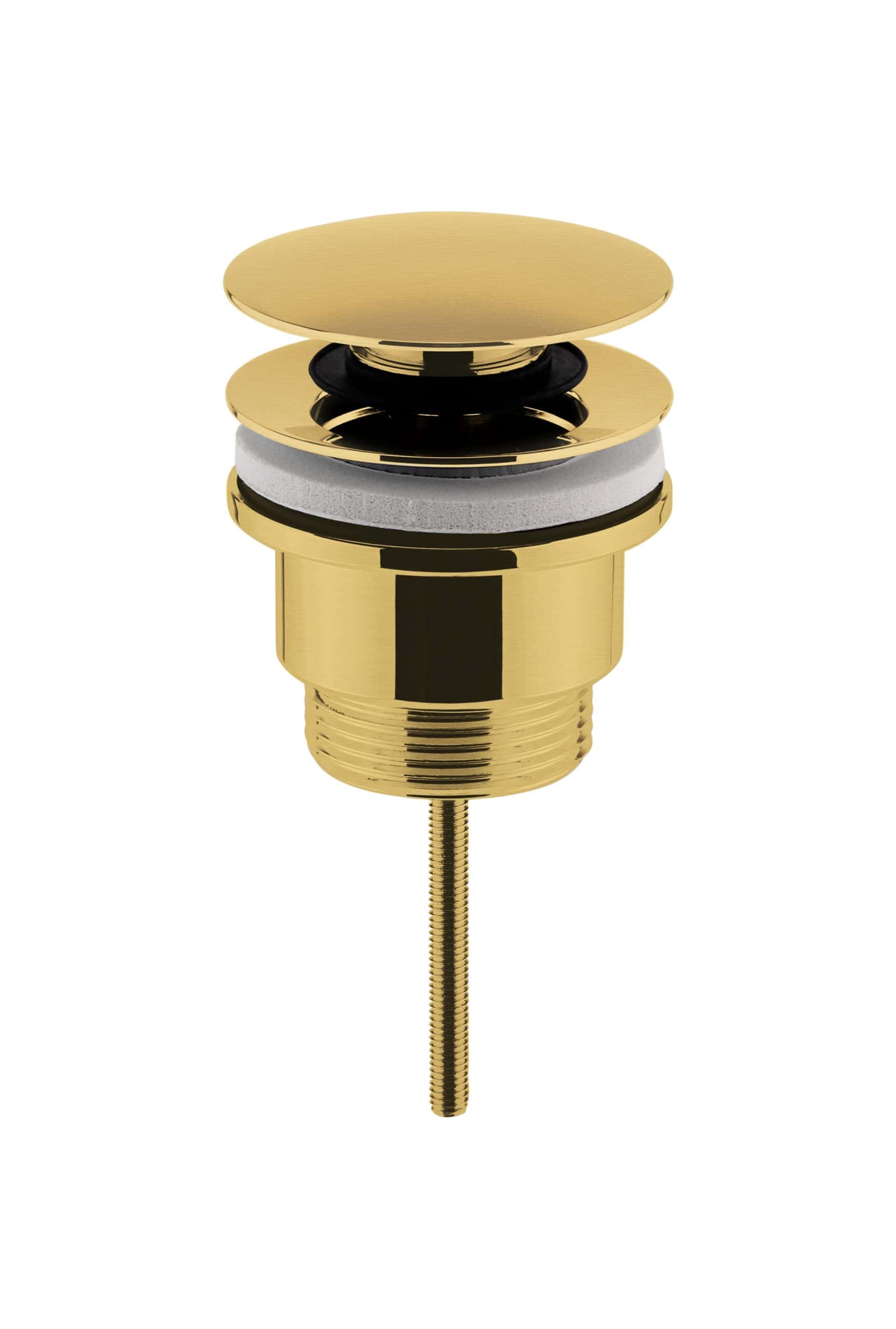 Shiny gold bathroom sink drain with overflow cover and rubber washer for bathroom fixtures. Suitable for modern bathroom basin plumbing installations and upgrades. Perfect for stylish bathroom designs.