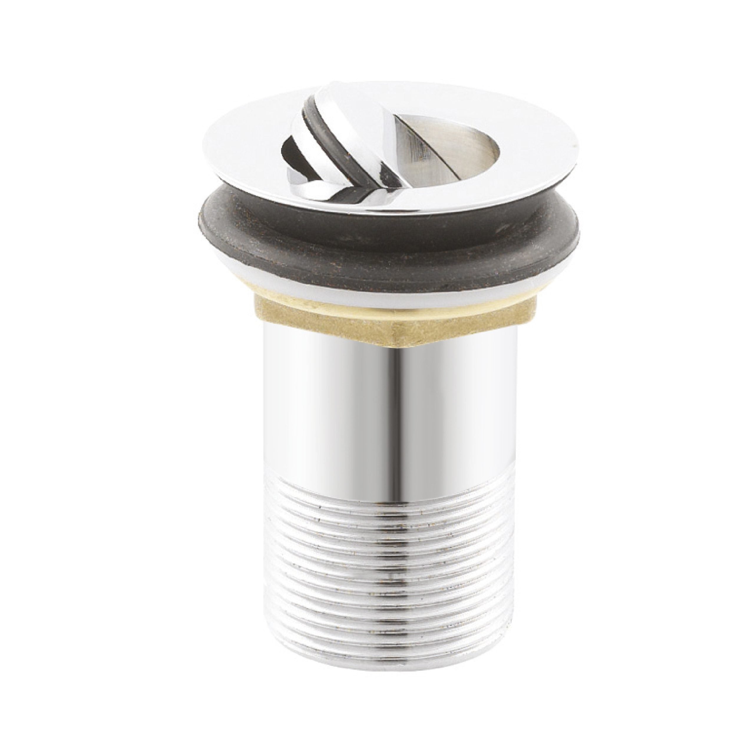Threaded metal drain fitting with rubber seal for bathroom sink installation.