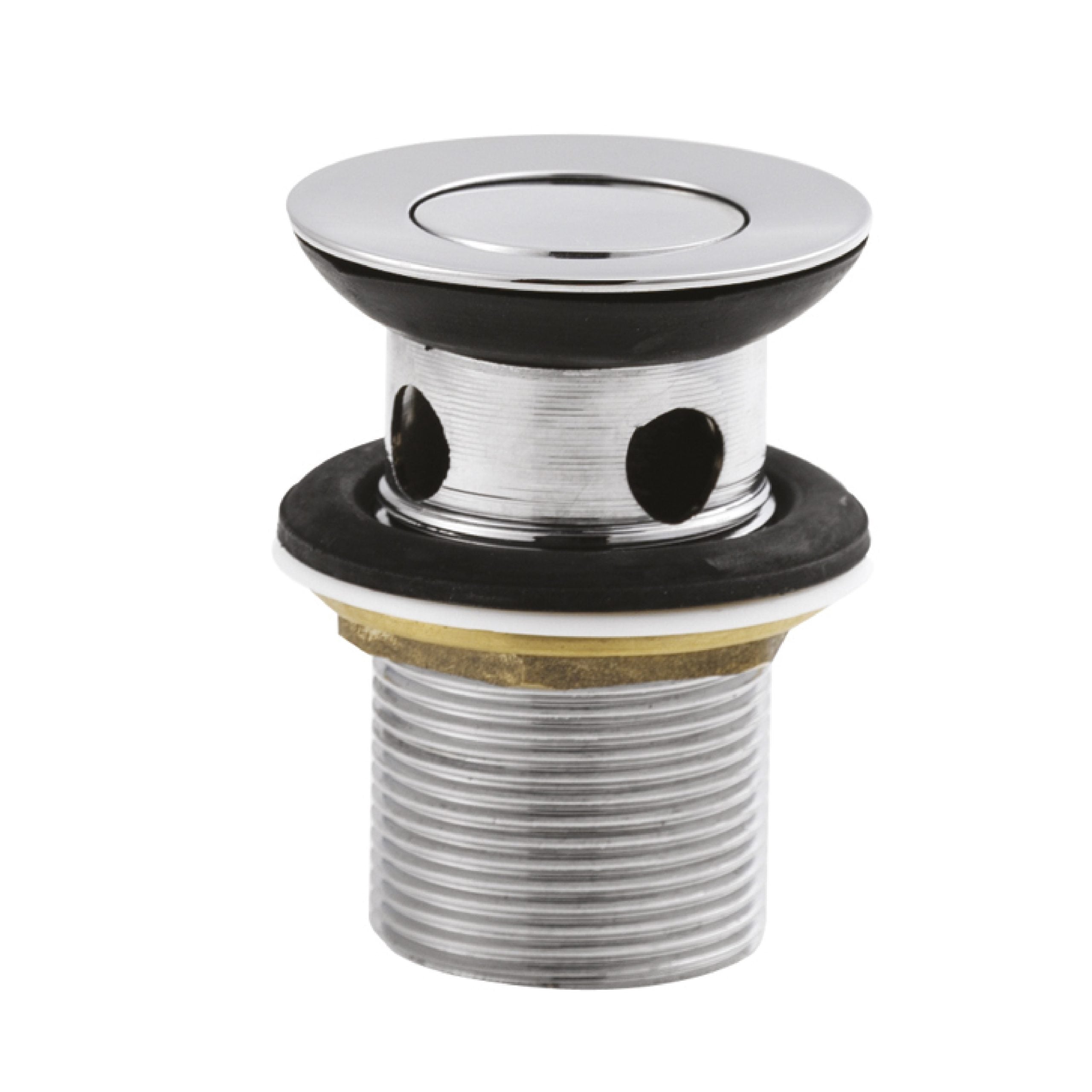 Shower drain with chrome finish, rubber gasket, and threaded waste pipe for bathroom plumbing, designed for efficient water flow and leak prevention.