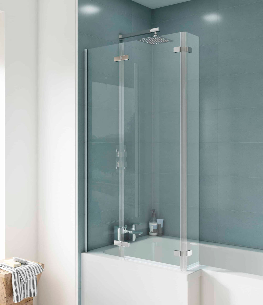 Shower enclosure with glass doors in modern bathroom, featuring chrome fittings and grey tiled walls. Perfect for contemporary bathroom design and waterproof shower solutions.