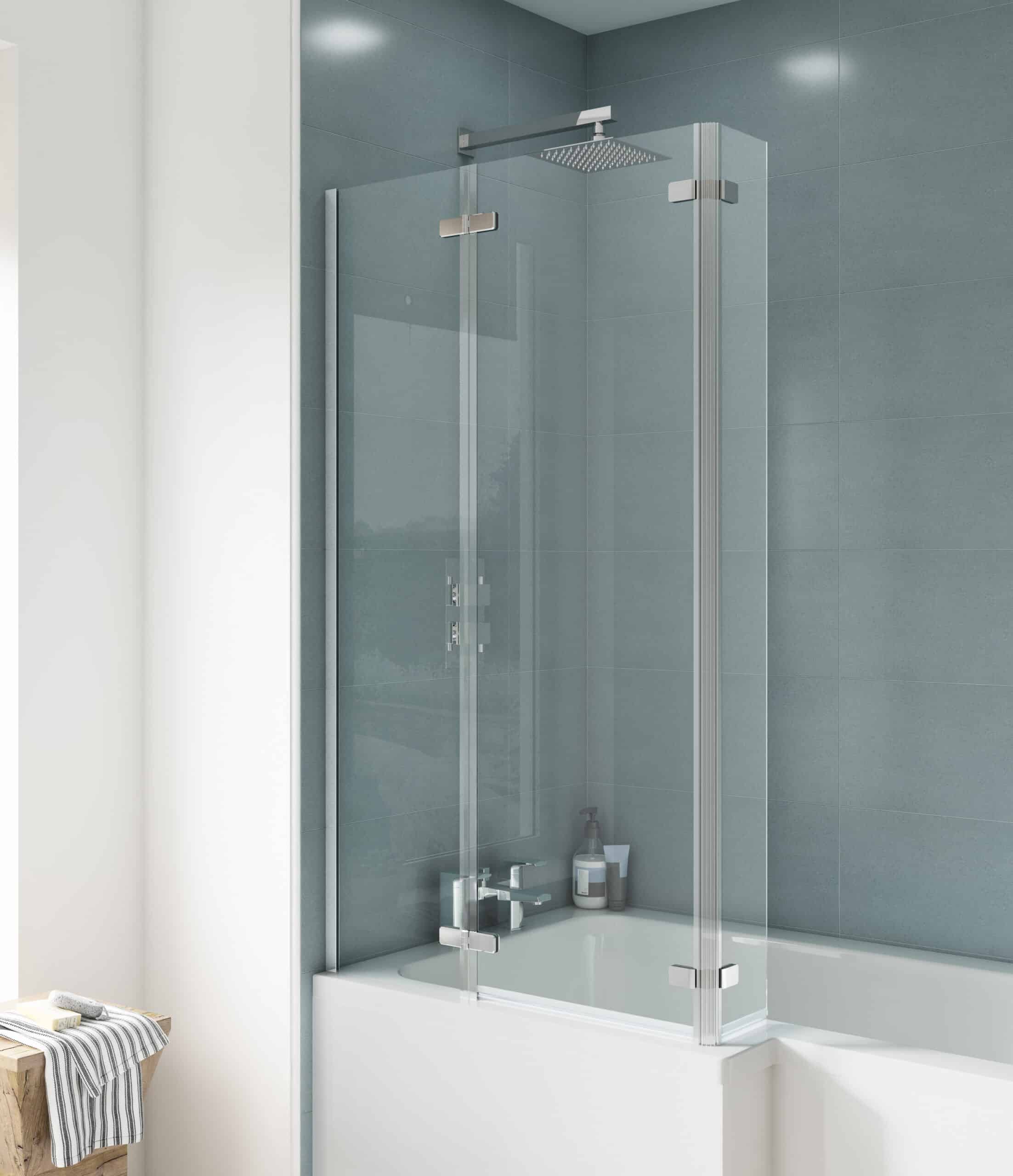 Shower enclosure with glass doors in modern bathroom, featuring chrome fittings and grey tiled walls. Perfect for contemporary bathroom design and waterproof shower solutions.