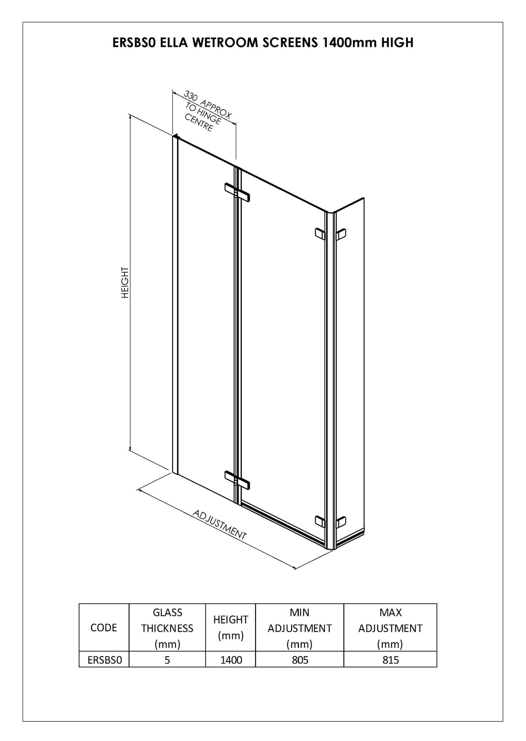 Sleek glass shower screen with 5mm thickness, adjustable height up to 1400mm, featuring modern hinge design for easy installation and a seamless look for contemporary bathrooms.