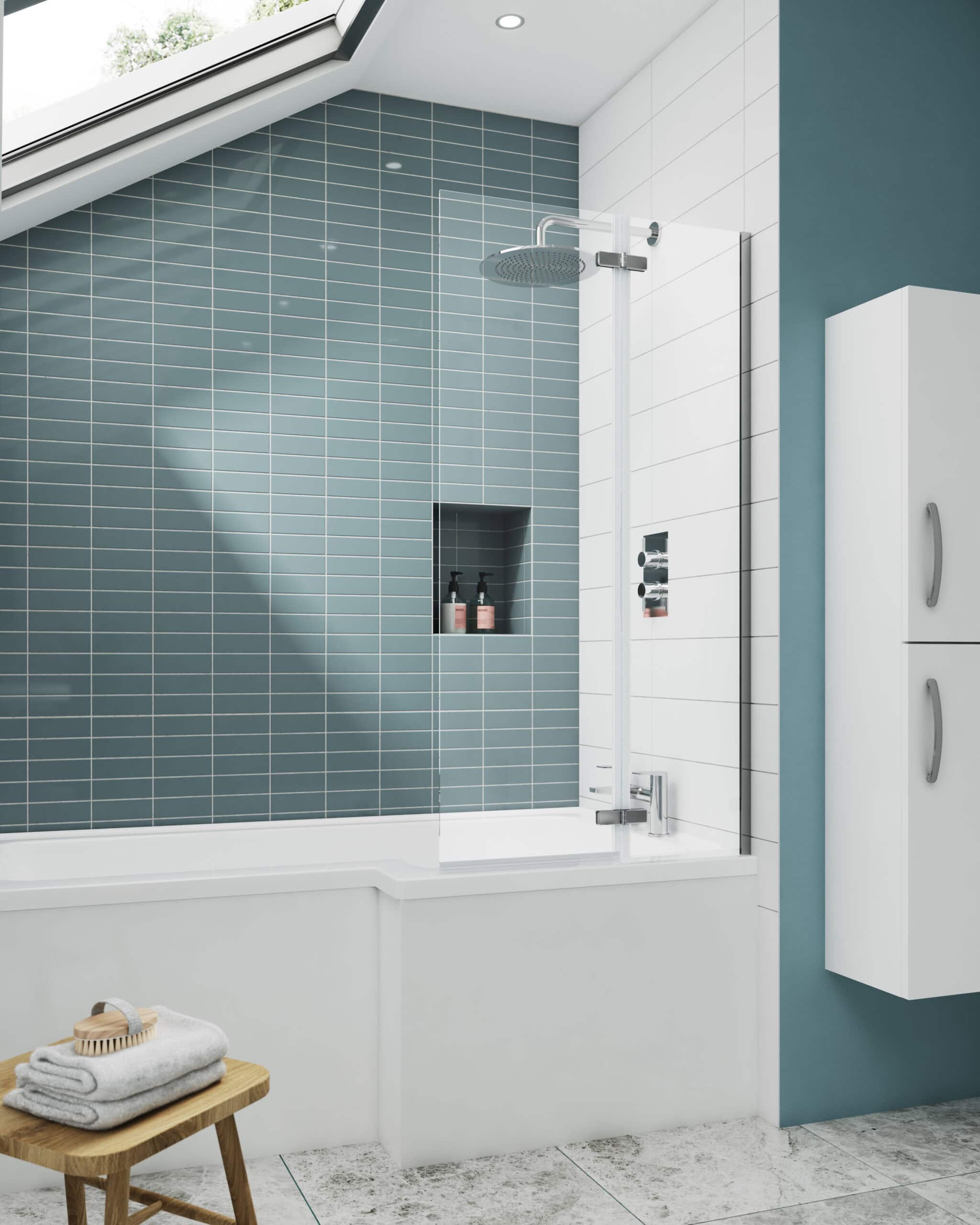 Modern walk-in shower with rain shower head and sleek glass partition in contemporary bathroom design.