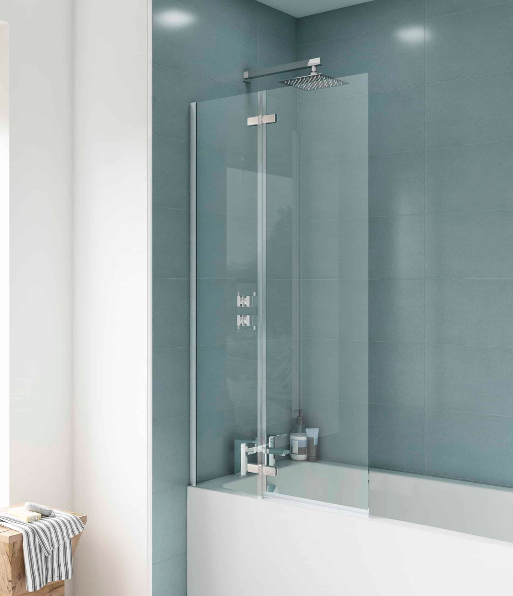Sleek glass shower enclosure with chrome fixtures in modern bathroom design, blue tiled walls, minimalist style, enhancing contemporary bubly bathroom aesthetic for UK homes.