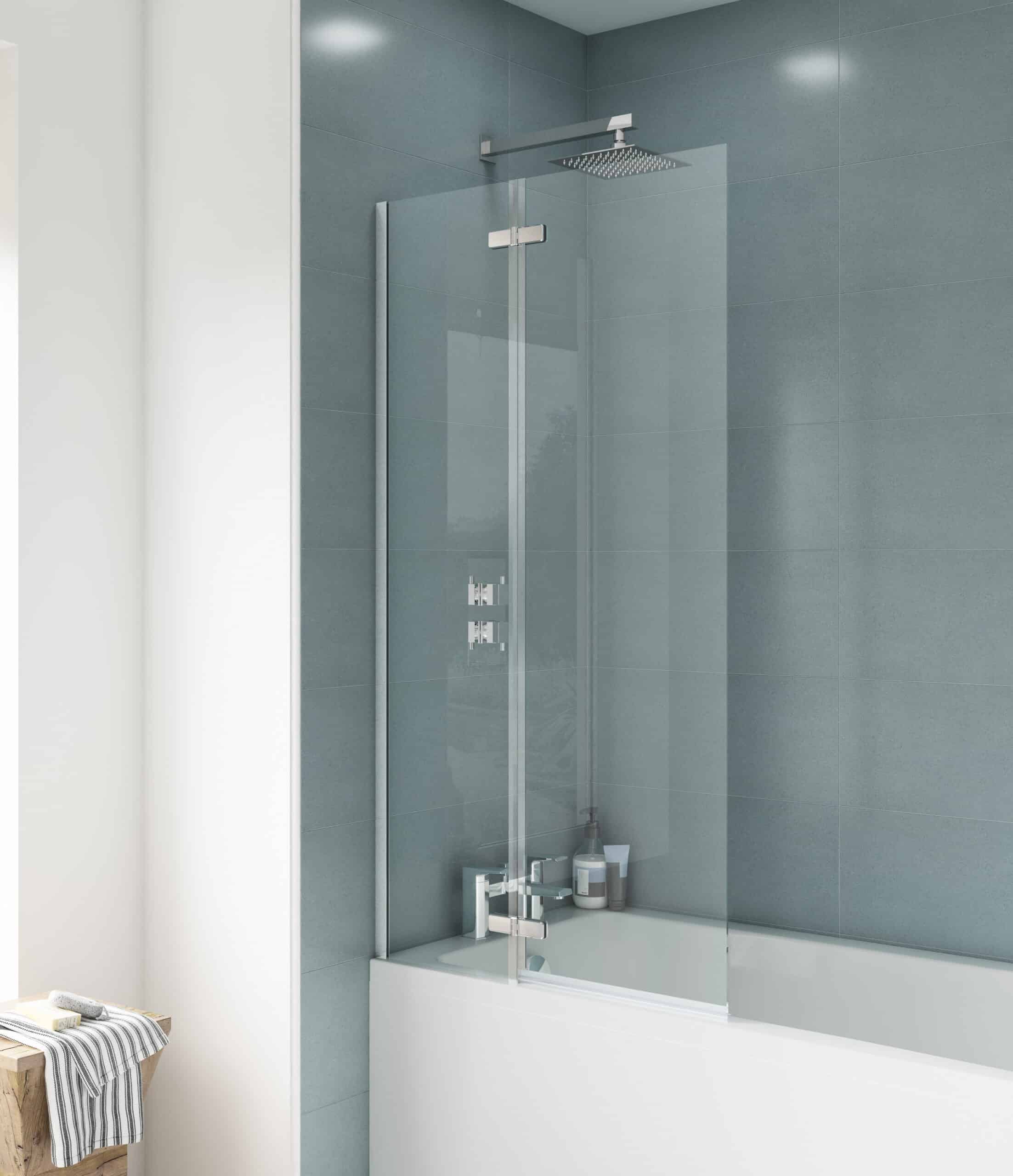 Sleek glass shower enclosure with chrome fixtures in modern bathroom design, blue tiled walls, minimalist style, enhancing contemporary bubly bathroom aesthetic for UK homes.