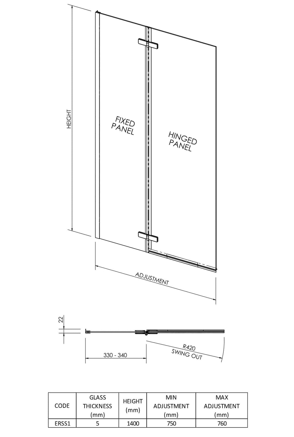 Clear shower screen with fixed and hinged panels for modern bathroom design. Customised glass specifications and adjustable features for seamless shower enclosure installation.