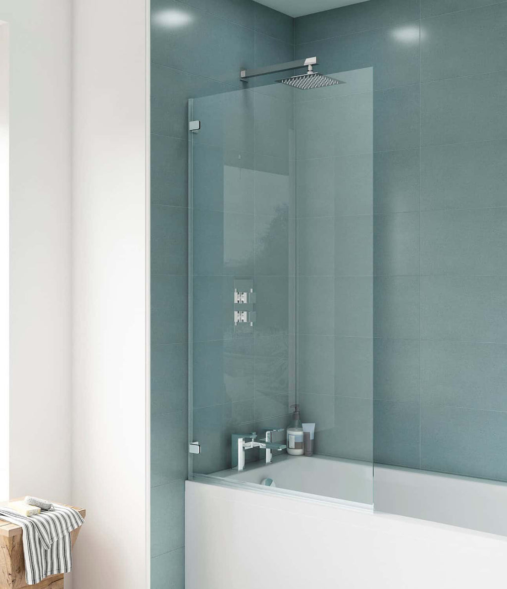 Sleek modern bathroom shower with glass panel, chrome fixtures, and teal tiles, designed for contemporary bathroom renovation.