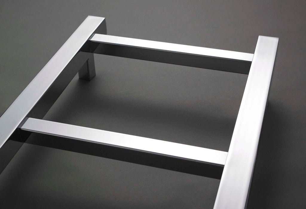 Sleek modern stainless steel bathroom towel rail, minimalistic design, durable and stylish for contemporary bathroom decor, matching high-end fixtures and fittings.