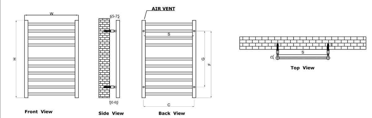 Reina Luna Polished Stainless Steel Heated Towel Rail - technical drawing with dimensions