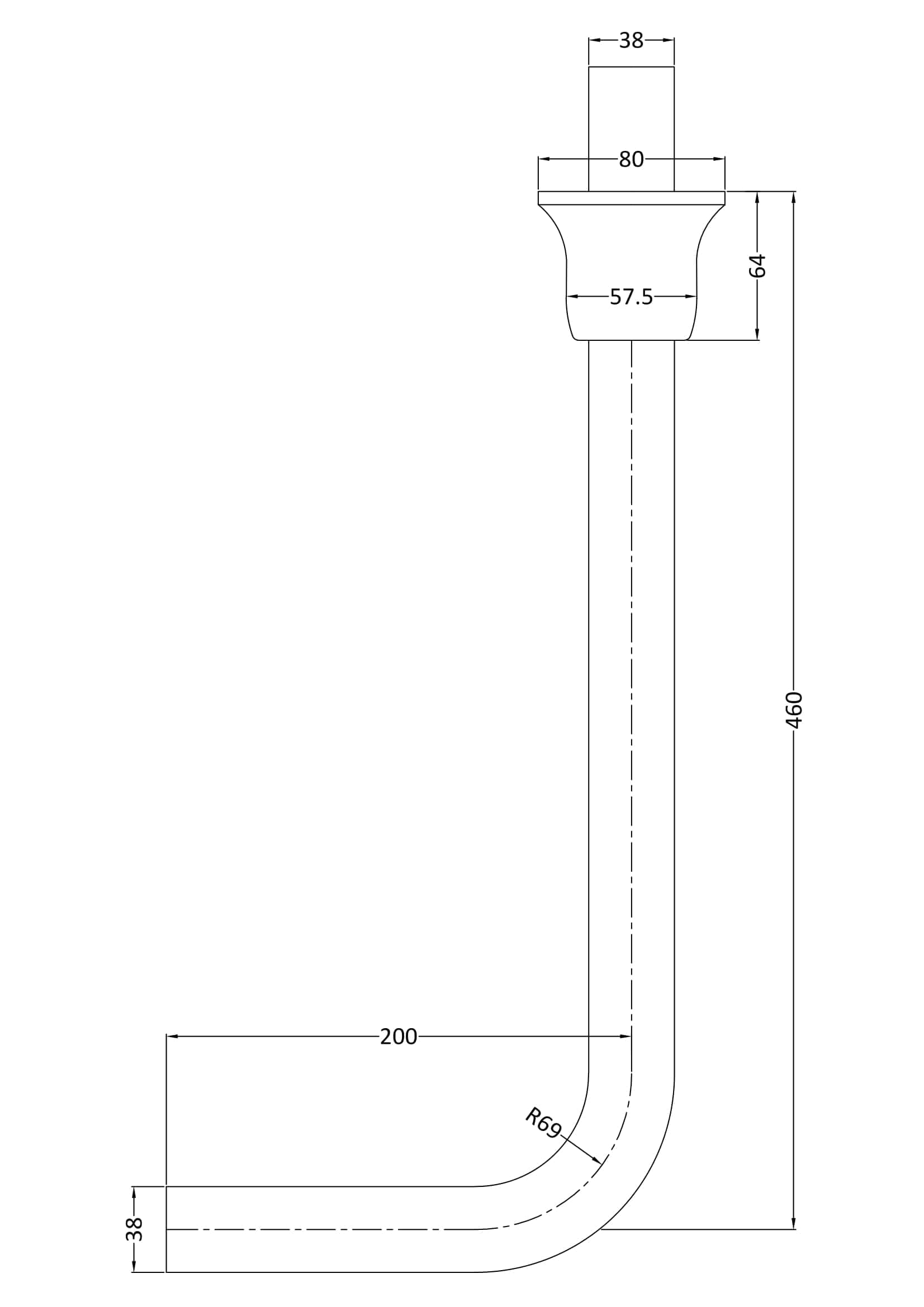 High-quality bathroom pipe fitting with precise measurements for Bubly Bathrooms. Durable, reliable plumbing component perfect for bathroom installations and repairs.