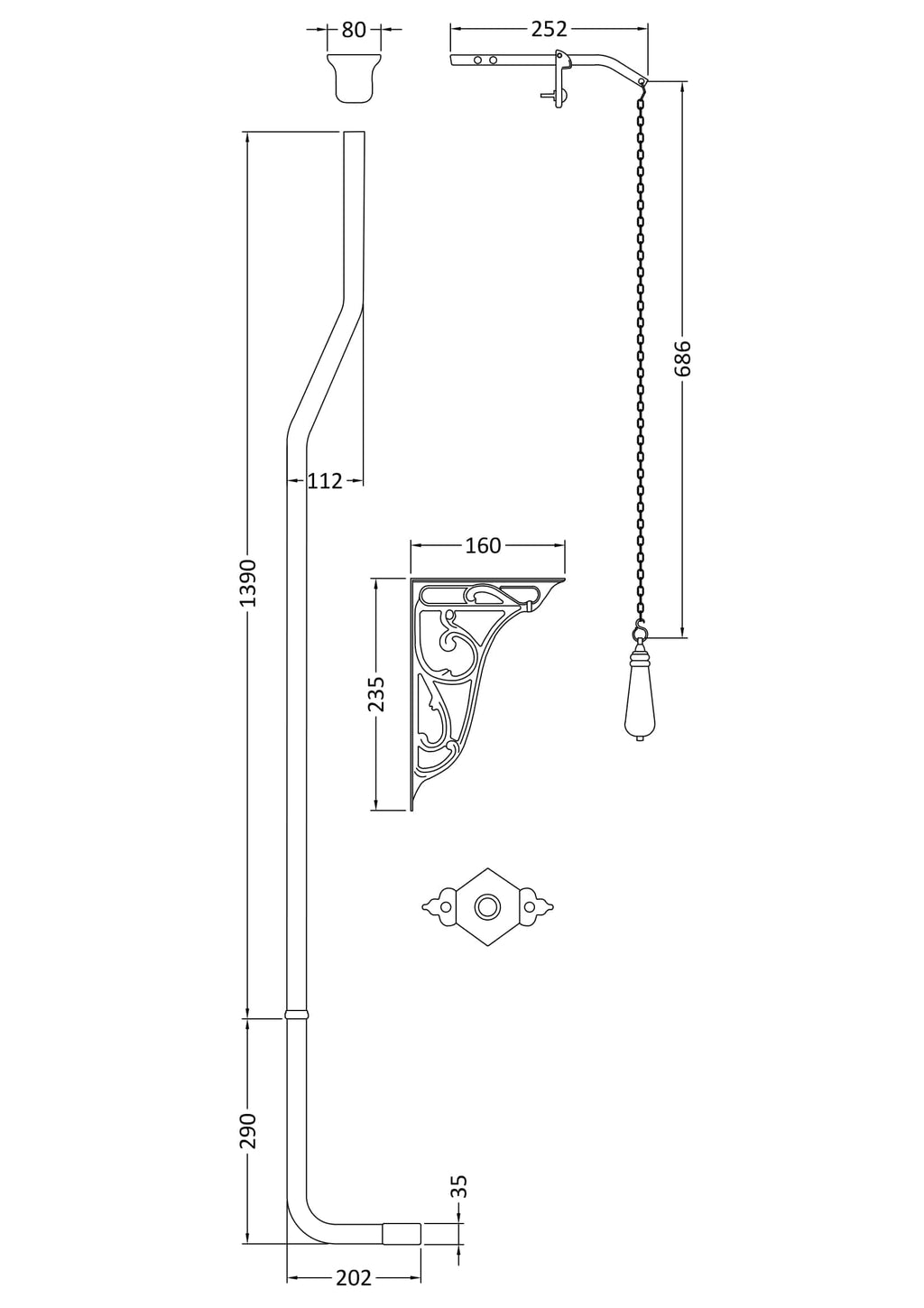 Adjustable shower rail with vintage-style bracket and flexible hose for classic bathroom decor. Suitable for shower installation, featuring detailed measurements for perfect fit.